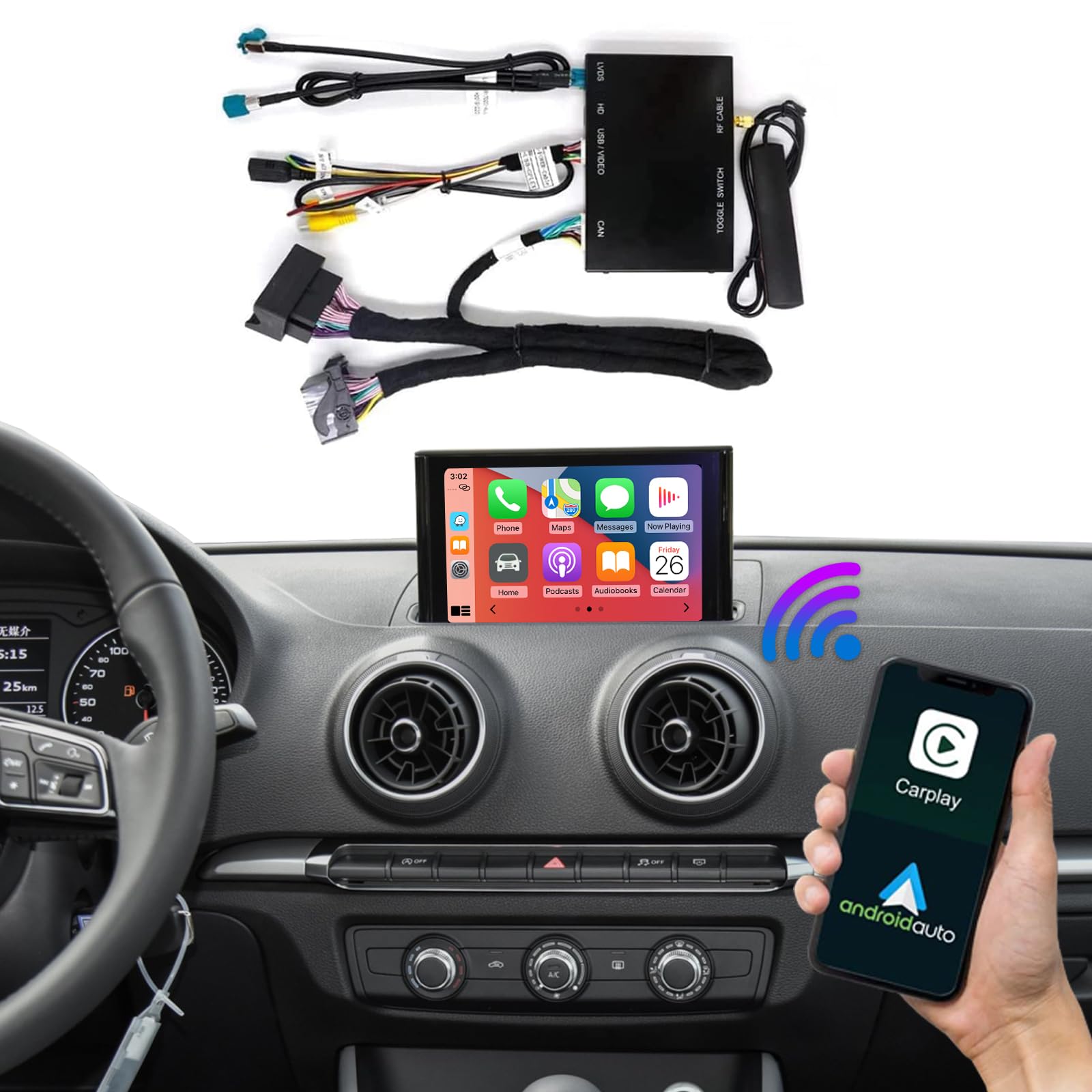 Road Top Wireless CarPlay & Android Auto Retrofit Kit for Audi A3 2013-2018 | Plug & Play Decoder with Mirror Link, Backup Camera & Navigation | Upgrade Your Driving Experience for Commuting & Road Trips