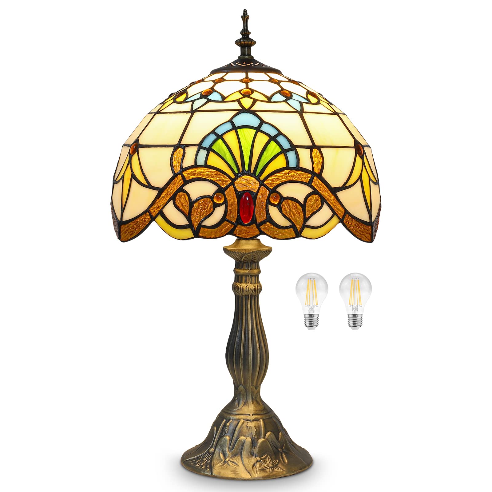 Tiffany Lamp - Yellow Stained Glass Table Lamp 12x12x19 Inches, Baroque Style Desk Lamp with LED Bulbs for Bedroom, Living Room & Home Office | Vintage Decor, Reading Light, Gift Idea