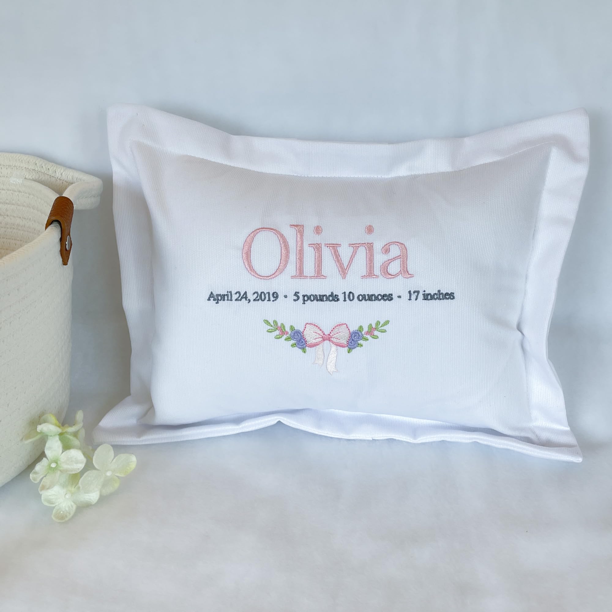 Hand Embroidered Personalized Baby Name Pillow for Girls - Nursery Decorative Cotton Pillow with Floral Design - Unique Monogrammed Gift for New Parents & Baby Showers - Perfect for Nursery Decor, Christening Gifts & Newborn Photography Props