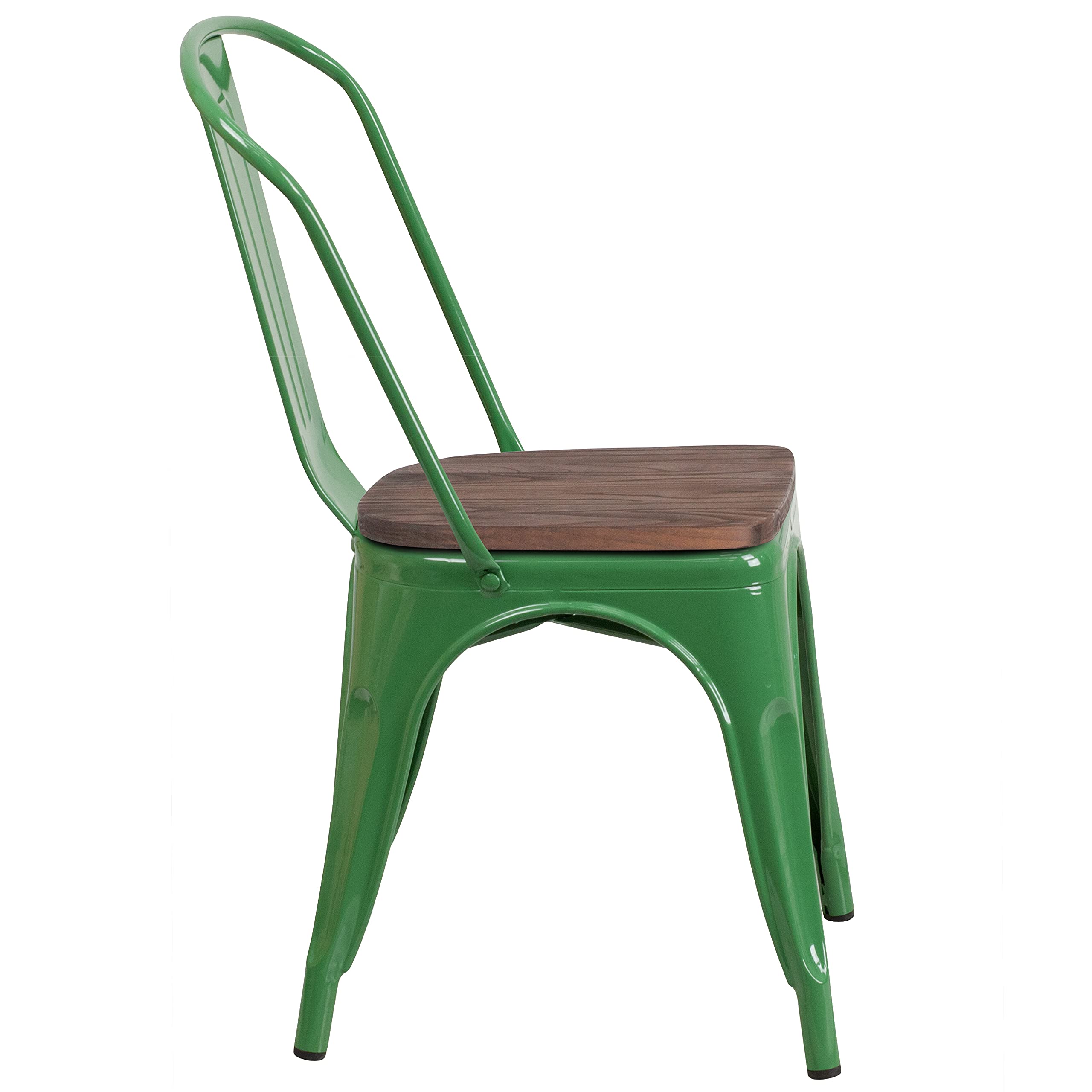 4 Pack Green Metal Stackable Chairs with Wood Seat - Commercial Restaurant & Bistro Chairs - Durable Indoor Outdoor Dining Chairs for Cafe, Patio, Kitchen, and Home Decor