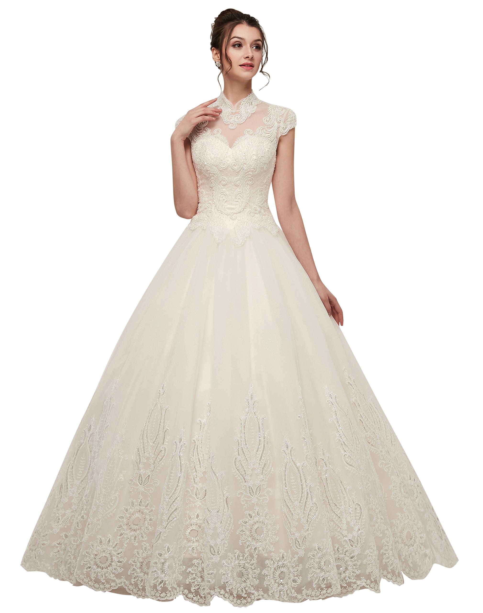 Ikerenwedding Women's High Neck Beaded Sequins Applique Tulle Wedding Dress - Elegant Bridal Gown for Church Ceremony, Beach Wedding & Formal Reception