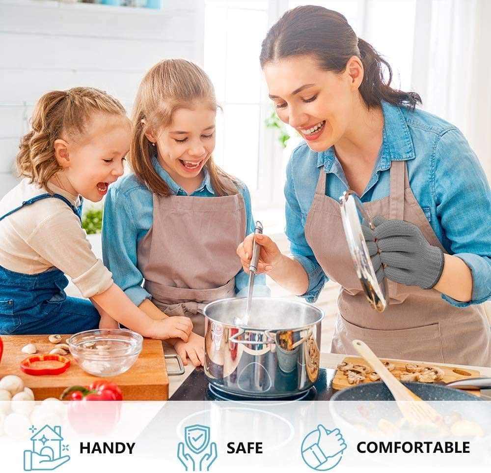 Heat Resistant Oven Gloves - 1 Pair Grey Cotton Kitchen Mitts with Fingers for Cooking, Baking & Grilling - Double Layer Pot Holders for Hot Pans, BBQ & Baking Tray Handling