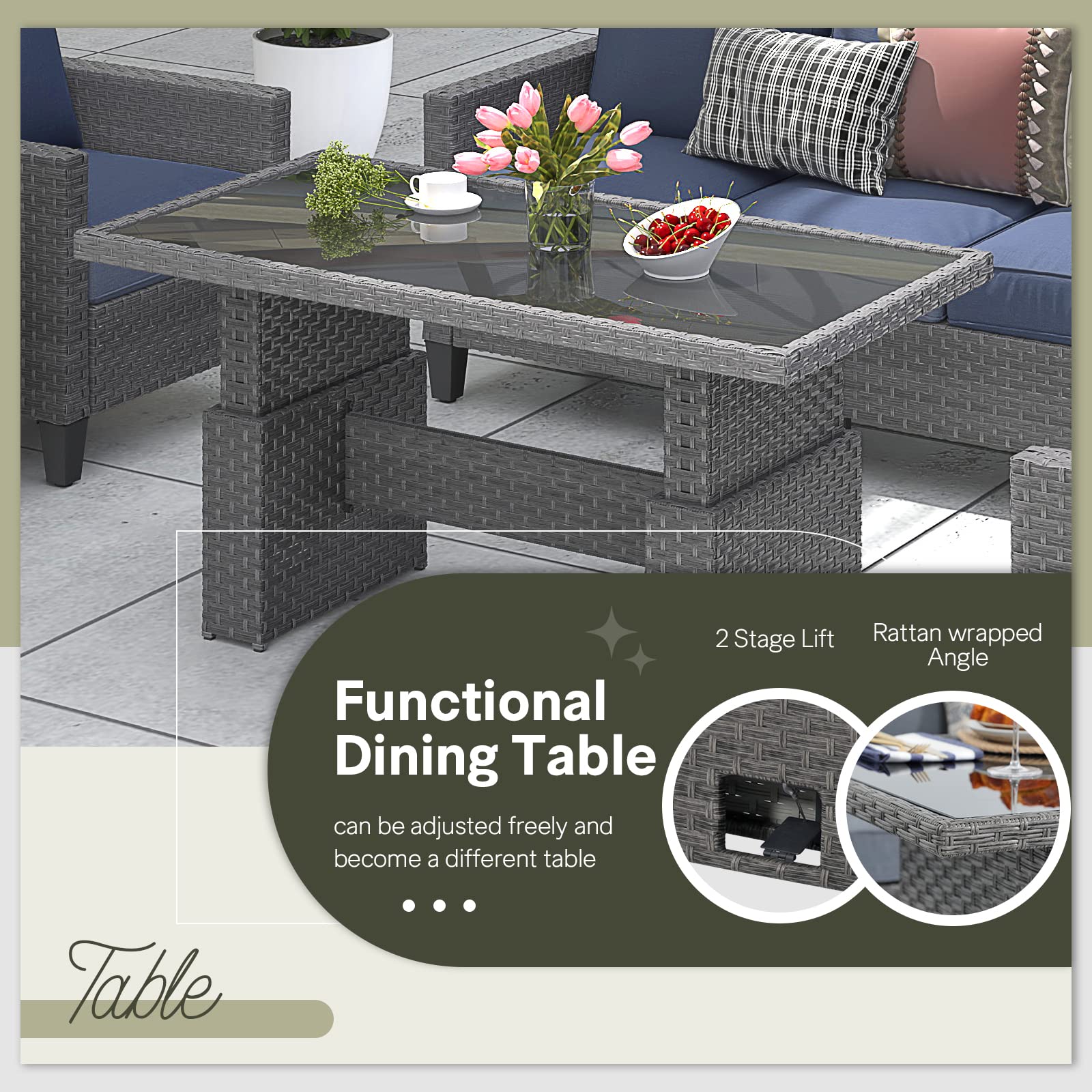 Outdoor Patio Lift Dining Table - Rectangle Wicker Coffee Table with Tempered Glass Top | Multi-Function Furniture for Backyard, Deck, Garden | Grey | Perfect for Outdoor Entertaining, Poolside Lounging & Alfresco Dining