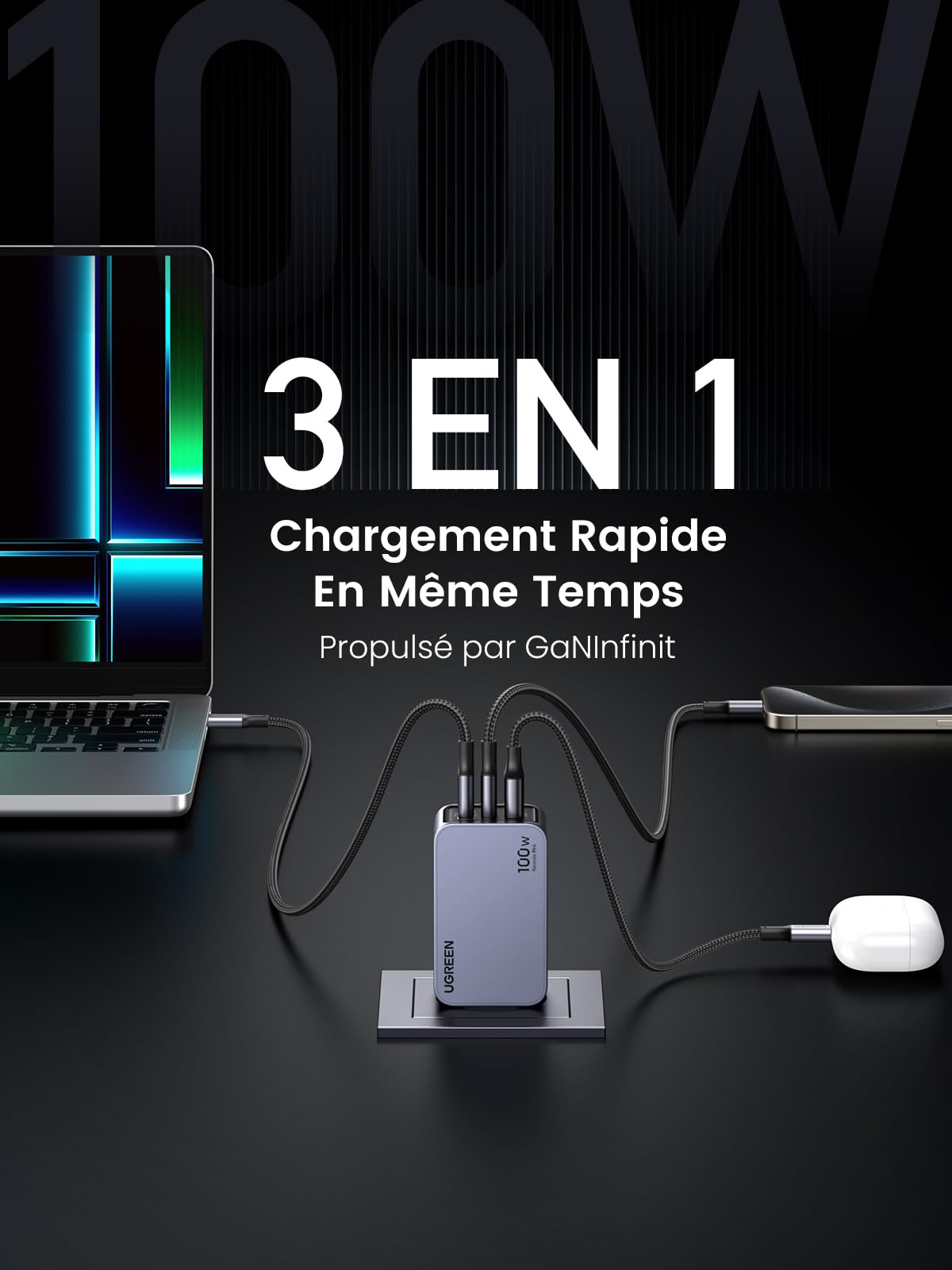 UGREEN Nexode Pro 100W GaN Fast Charger with 3 USB-C Ports - Compatible with iPhone 16/15/14/13/12 Pro Max, Galaxy S24/S23/S22 Ultra, Pixel 9/8/7/6, iPad & MacBook M4/M3/M2/M1 - Perfect for Home, Office & Travel Charging