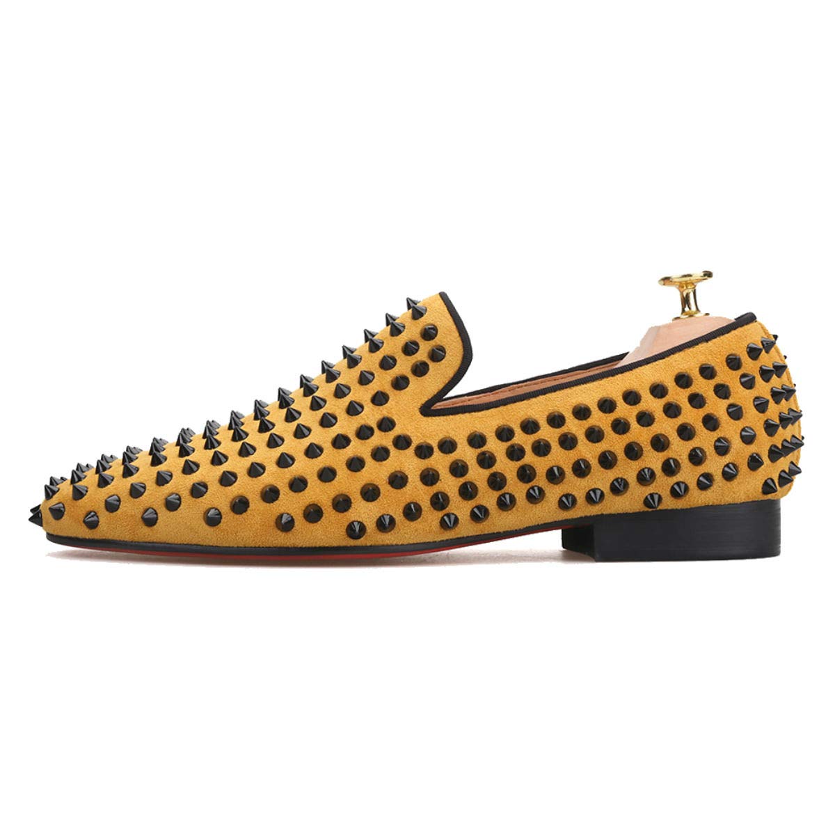 FERUCCI Men's Gold Yellow Velvet Loafers with Black Spikes & Rivets - Comfortable Slip-On Dress Shoes for Wedding, Prom, Party & Formal Occasions