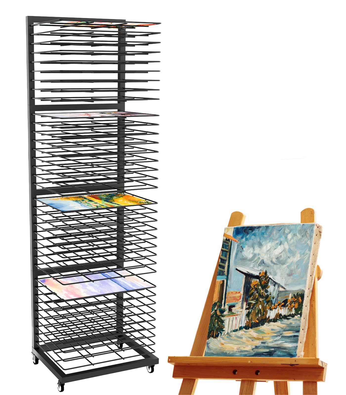 GARVIN 36-Shelf Metal Art Drying Rack with Removable Shelves | Heavy-Duty Rolling Cart for Classroom, Studio & Home | Space-Saving Paper Storage Organizer (13.75