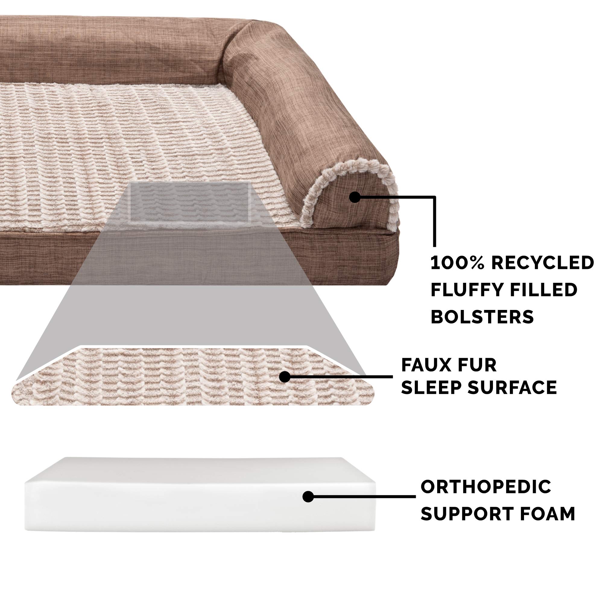 **Furhaven Orthopedic Dog Bed for Large Dogs - XXL Washable Sofa Bed with Removable Bolsters & Luxe Faux Fur Cover - Supports Up to 125 lbs - Woodsmoke Color - Perfect for Living Room, Bedroom & Pet-Friendly Spaces**