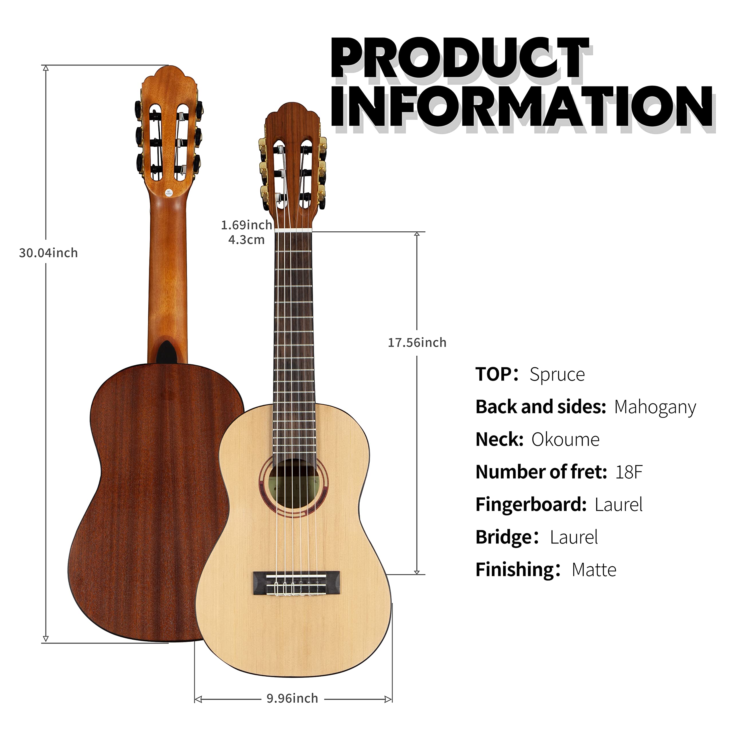 TARIO 1/4 Size 30-inch Acoustic Classical Travel Guitar - Spruce Top, Mahogany Body & Okoume Neck with Carrying Case - Perfect for Beginners, Kids & Portable Music Practice
