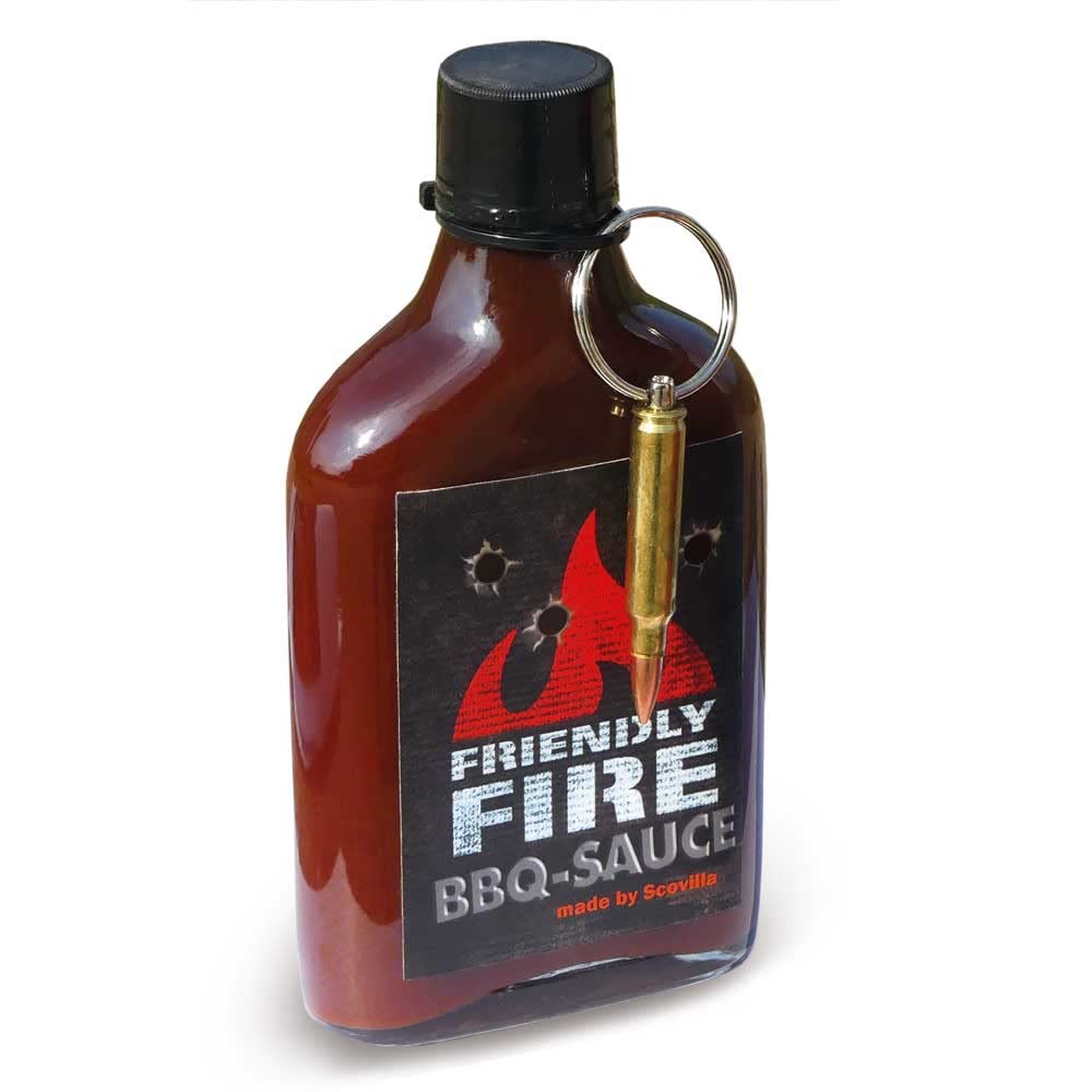 Scovillas FRIENDLY FIRE Hot BBQ Sauce with Real Bullet - 8.3oz (247ml) - Spicy Grilling & Cooking Sauce for Ribs, Wings, Burgers & More - Perfect for BBQ Parties & Outdoor Cooking