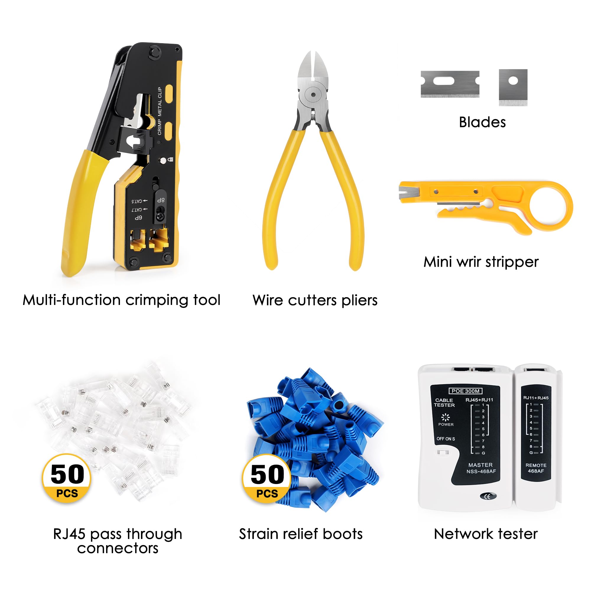 Premium RJ45 Crimping Tool Kit - Ethernet Pass Through Crimper for Cat5 Cat6 Cat7 Cables | Includes Cable Tester, Mini Stripper, Blades, 50 Connectors & Strain Relief Boots | Ideal for Network Installation, Repair & DIY Home Office Setup