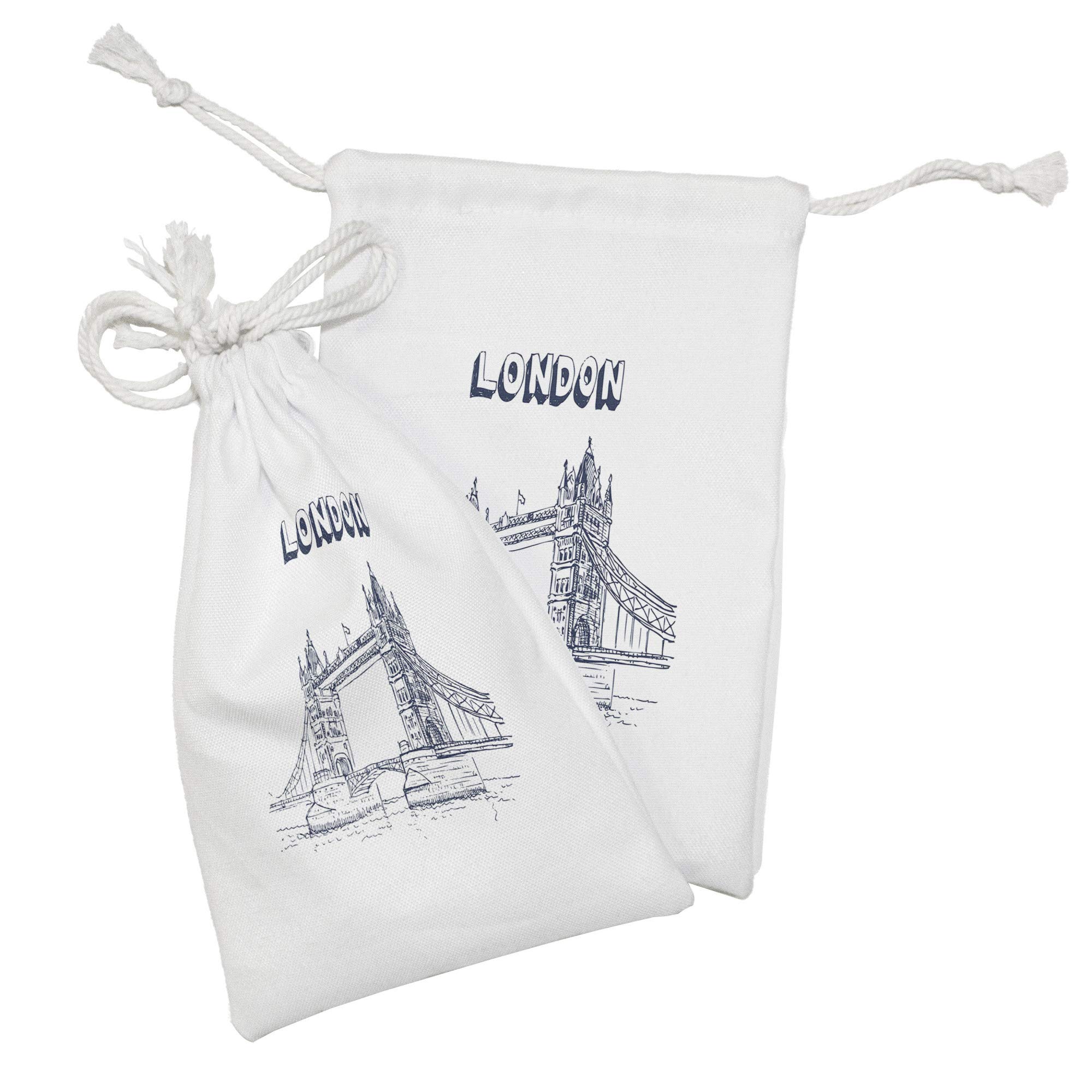 Ambesonne London Fabric Pouch Set of 2 - British Architecture Tower Bridge Design, Small Drawstring Bags for Toiletries, Masks & Travel Essentials (9