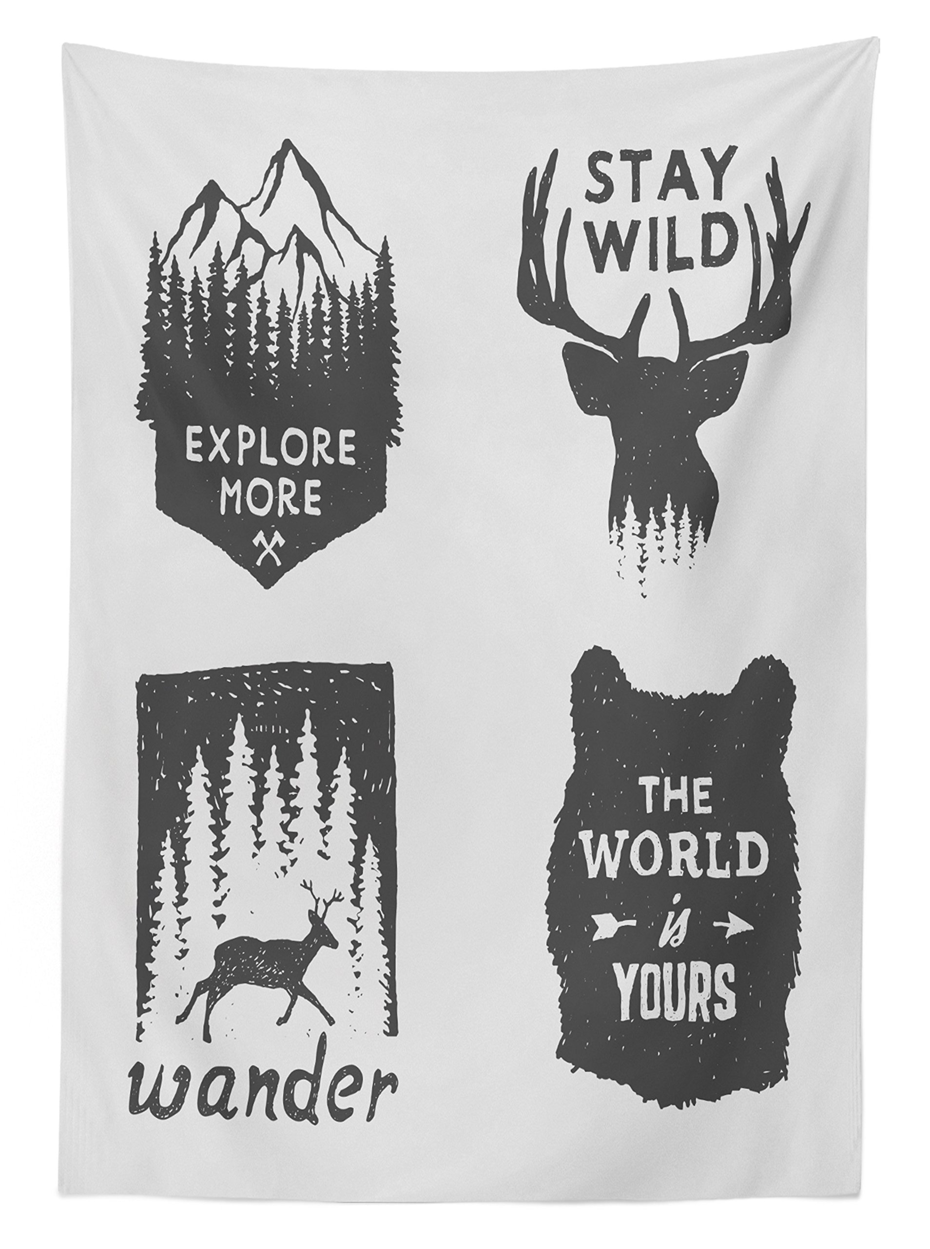 Ambesonne Wilderness Emblems Stay Wild Tablecloth - Washable Outdoor Picnic Table Cover with Pine Wildlife Animals Design, 58