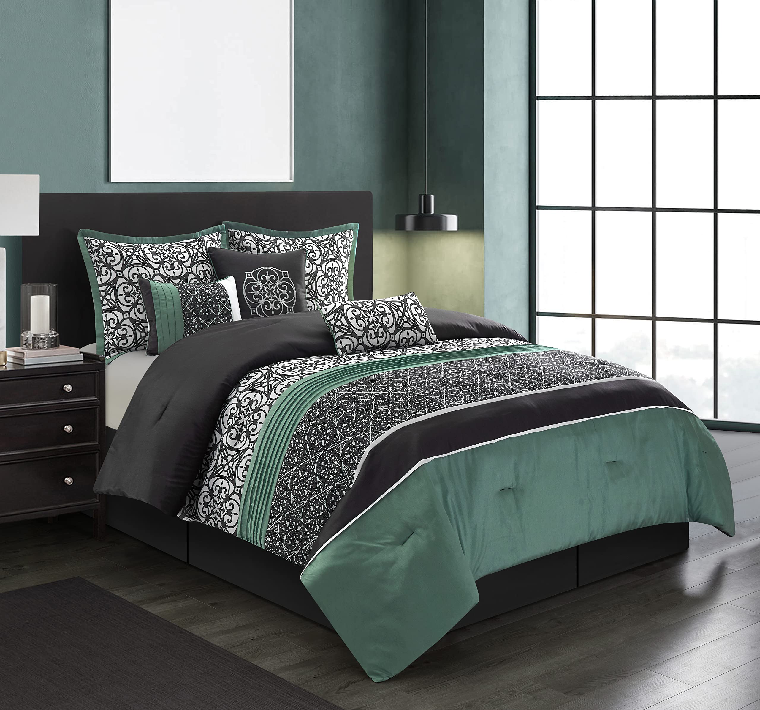 King Size Comforter Set 7-Piece - Grey & Blue Geometric Design Bedding Collection with Pillow Shams & Bedskirt | Luxury Bedroom Decor for Master Suite & Guest Room