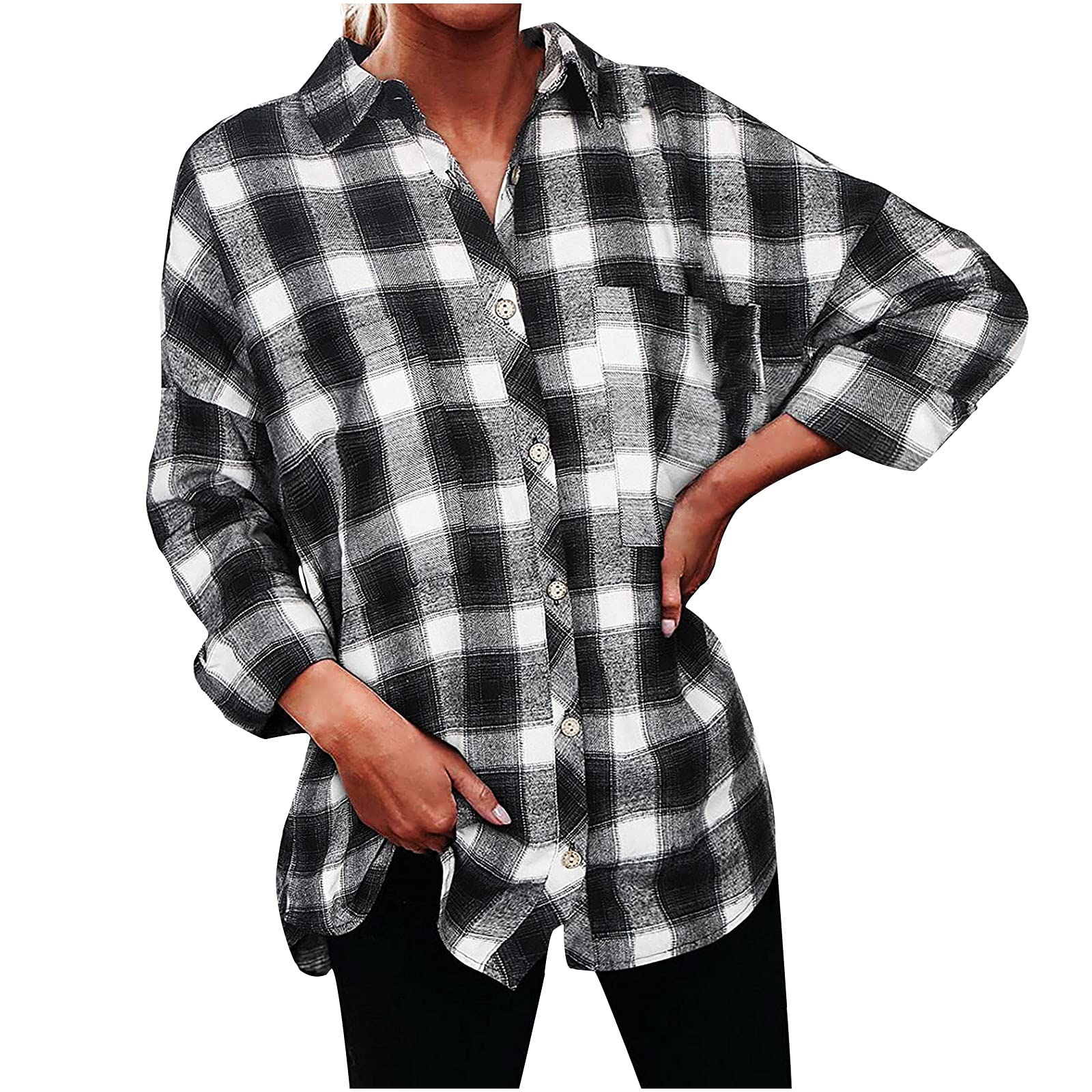 Women's Long Sleeve Oversized T-Shirts & Button-Down Shirts - Plaid Flannel Blouse Tops with Pockets - Perfect for Casual Wear, Layering, and Outdoor Activities