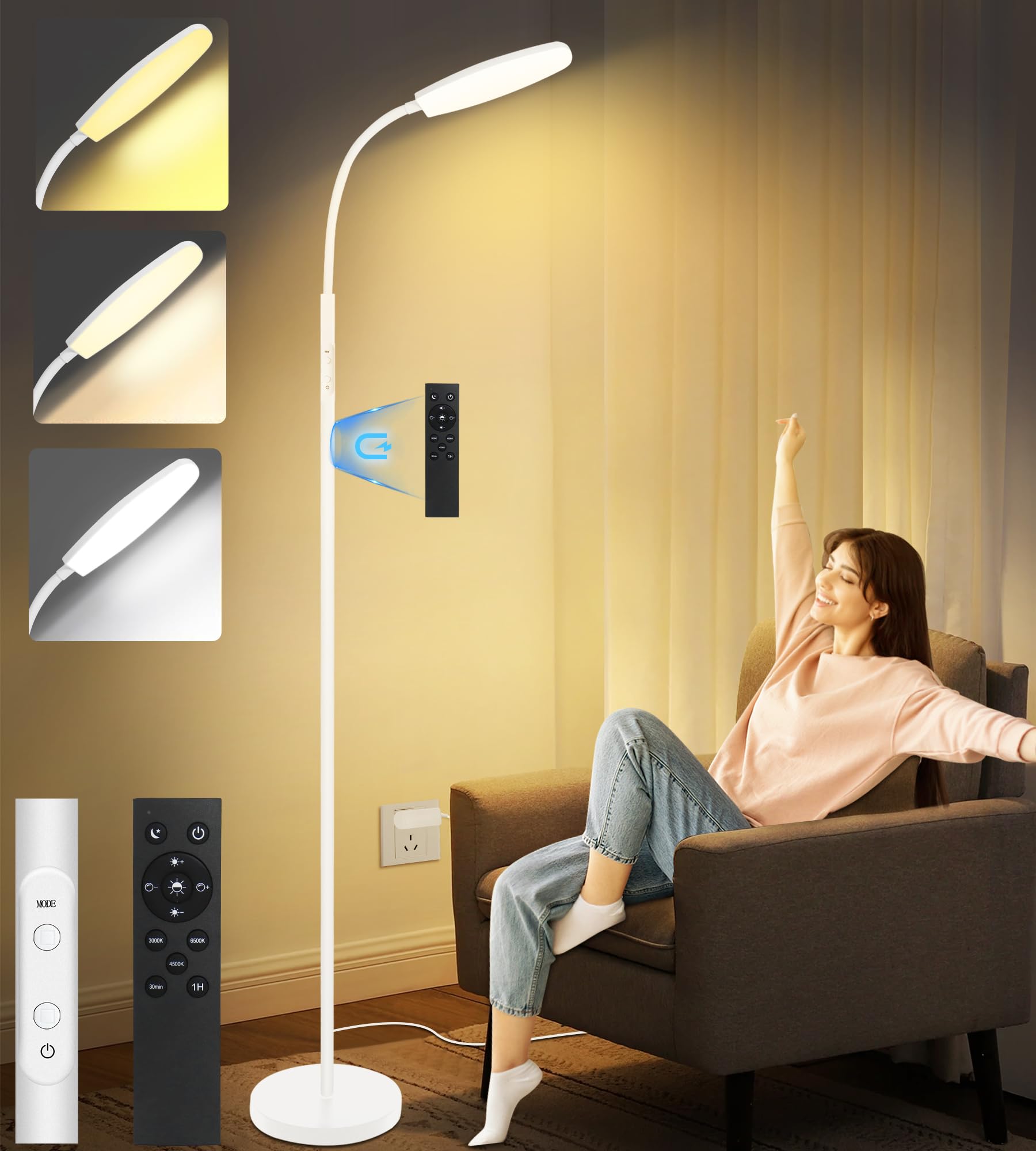 10,000 Lux UV-Free Light Therapy Lamp - Full Spectrum Sunlight Floor Lamp with Remote, 10 Color Temperatures & 6 Brightness Levels + Timer - Ideal for Seasonal Affective Disorder (SAD), Depression Relief & Home Office Wellness