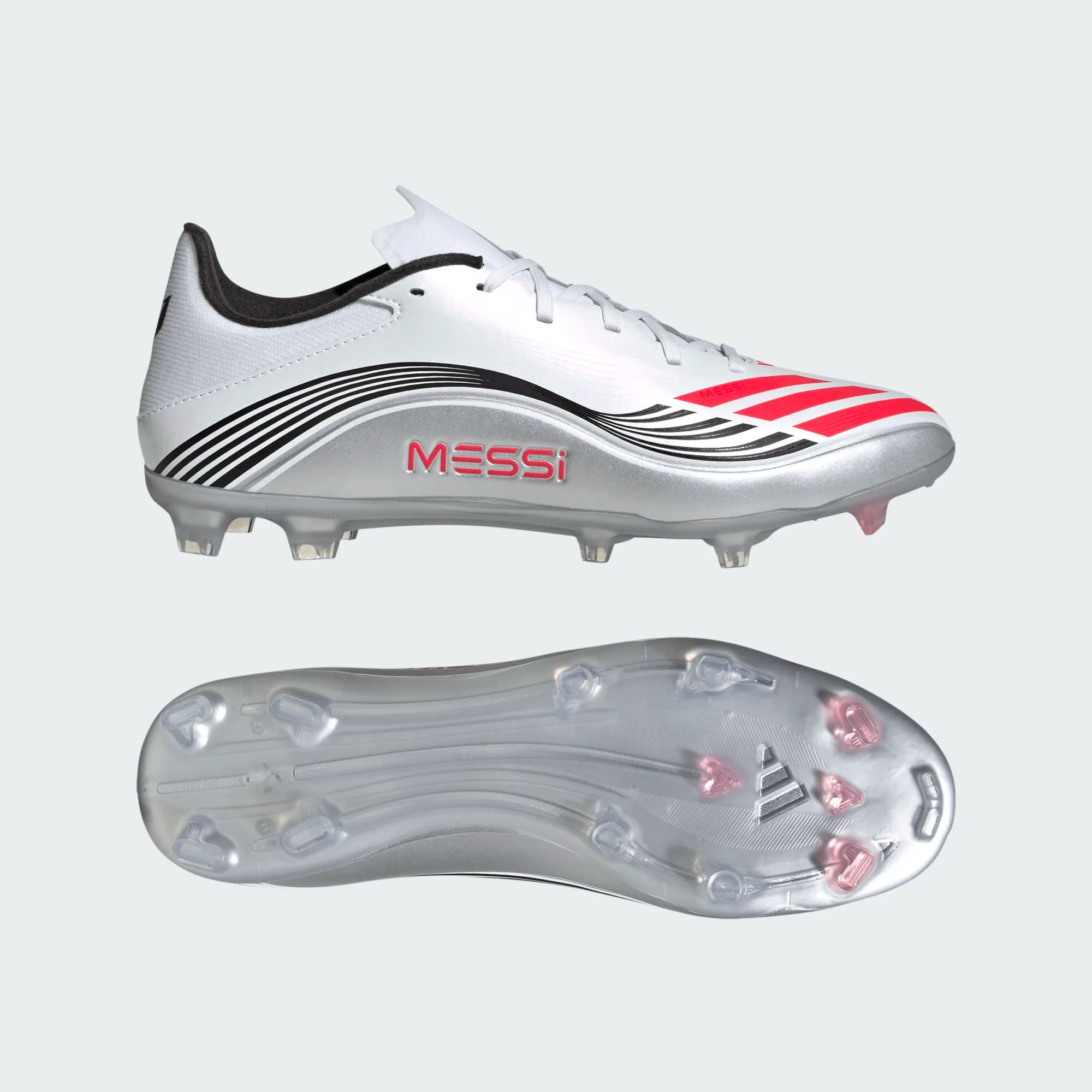 adidas F50 Messi League FG/MG Soccer Cleats - White/Lucid Red/Silver Metallic | Lightweight Football Shoes for Men | Perfect for Turf & Artificial Grass Fields