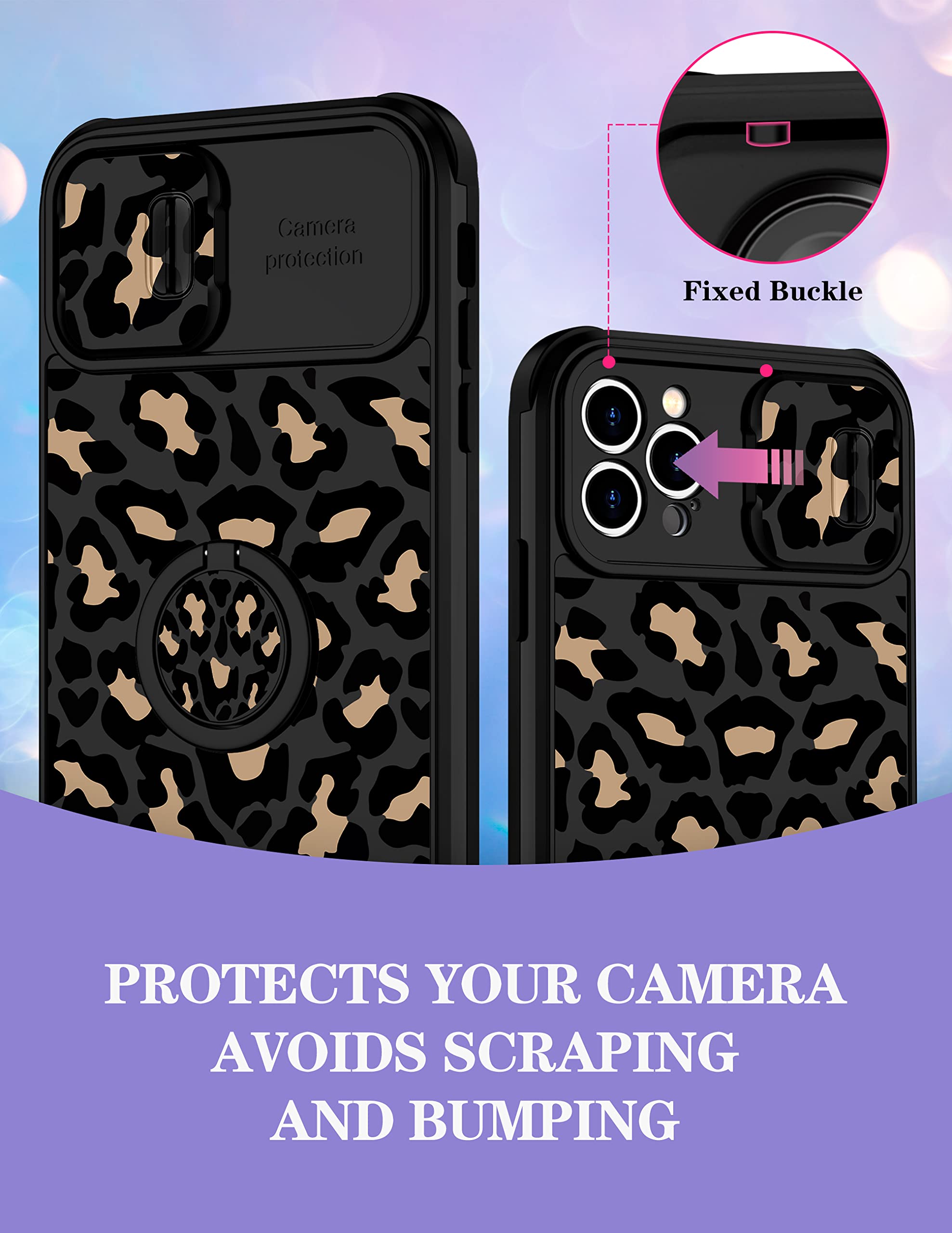 Goocrux 2in1 Luxury iPhone 12 Pro Max Case for Women - Black Cheetah Print with Slide Camera Cover & Ring Holder | Cute Animal Pattern Phone Cover for 6.7