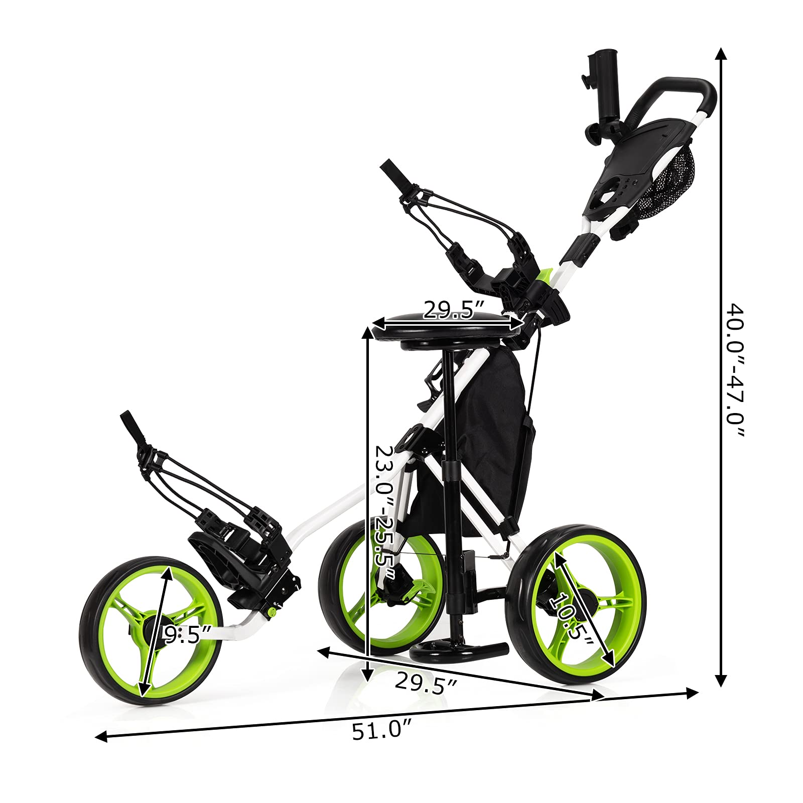 GYMAX 3-Wheel Foldable Golf Push Cart - Adjustable Height Lightweight Golf Caddy with Umbrella Holder, Hydraulic Seat, Storage Bag & Cup Holder | Golf Trolley for Clubs | Perfect for Golf Courses, Driving Ranges & Outdoor Practice