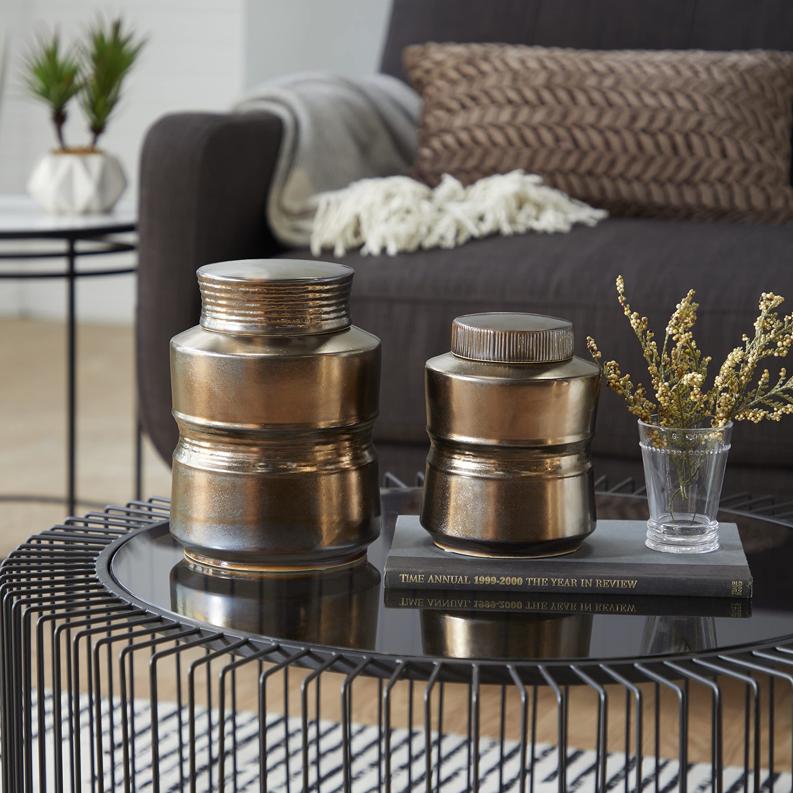 Deco 79 Ceramic Decorative Jars with Grooves - Set of 2 (9