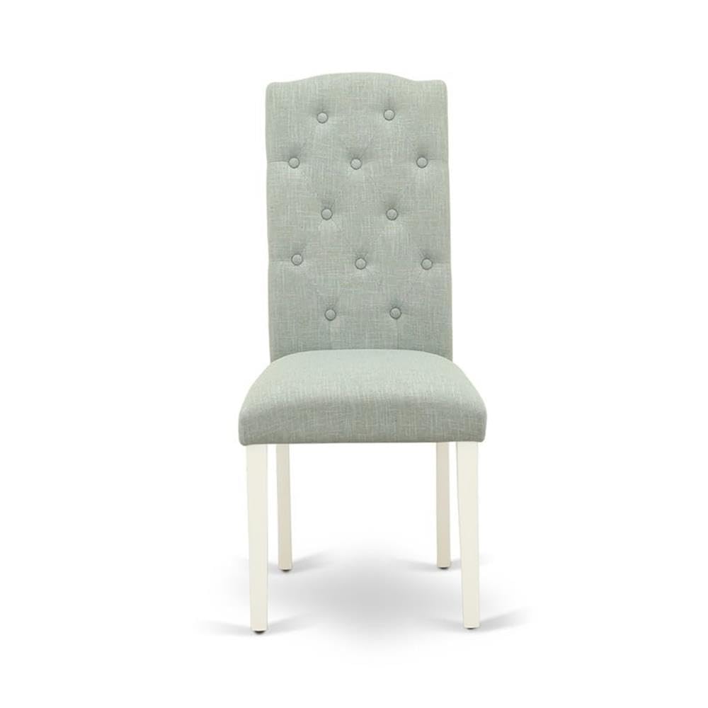 East West Furniture CEP2T15 Celina Parson Chairs - Set of 2 Button Tufted Baby Blue Linen Upholstered Dining Chairs, Modern Farmhouse Style for Kitchen, Dining Room & Home Decor