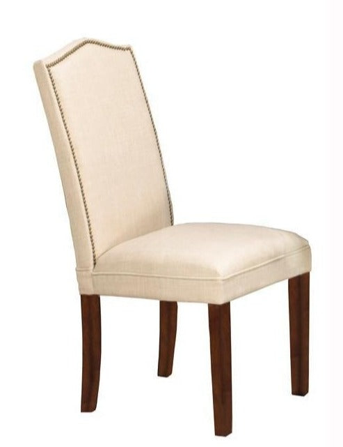 Beige Linen Fabric Parson Dining Chairs with Brass Nailheads - Set of 2 Modern Kitchen Chairs for Dining Room, Breakfast Nook & Home Office