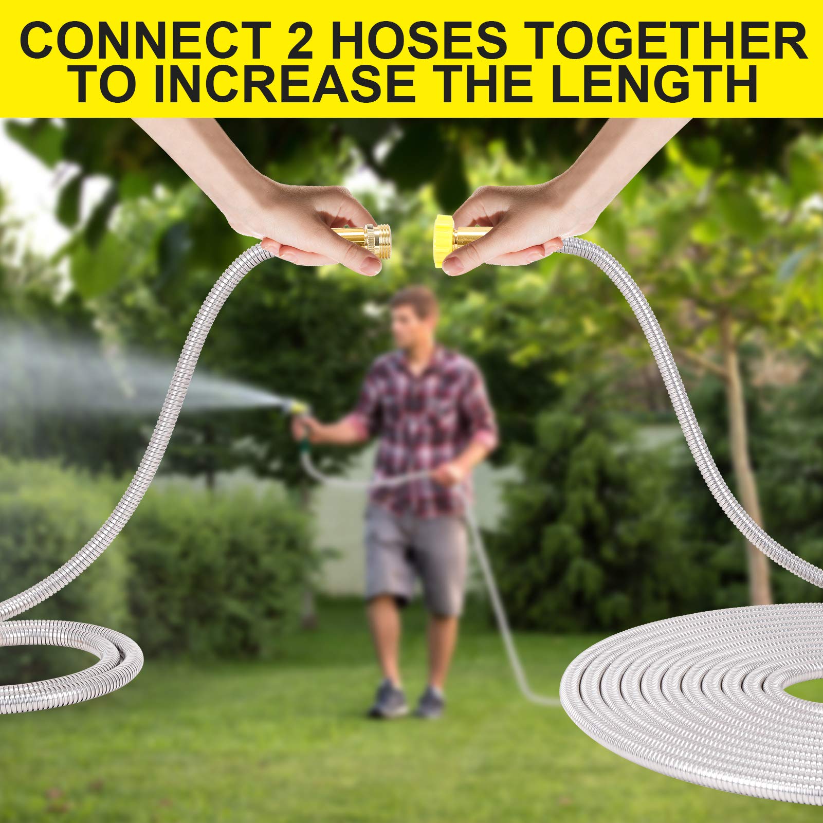 FOXEASE 10FT Stainless Steel Metal Garden Hose - Heavy Duty Kink Free Water Hose with Adjustable Nozzle, Lightweight & Portable for Yard, Lawn, Patio, Car Washing and Outdoor Watering