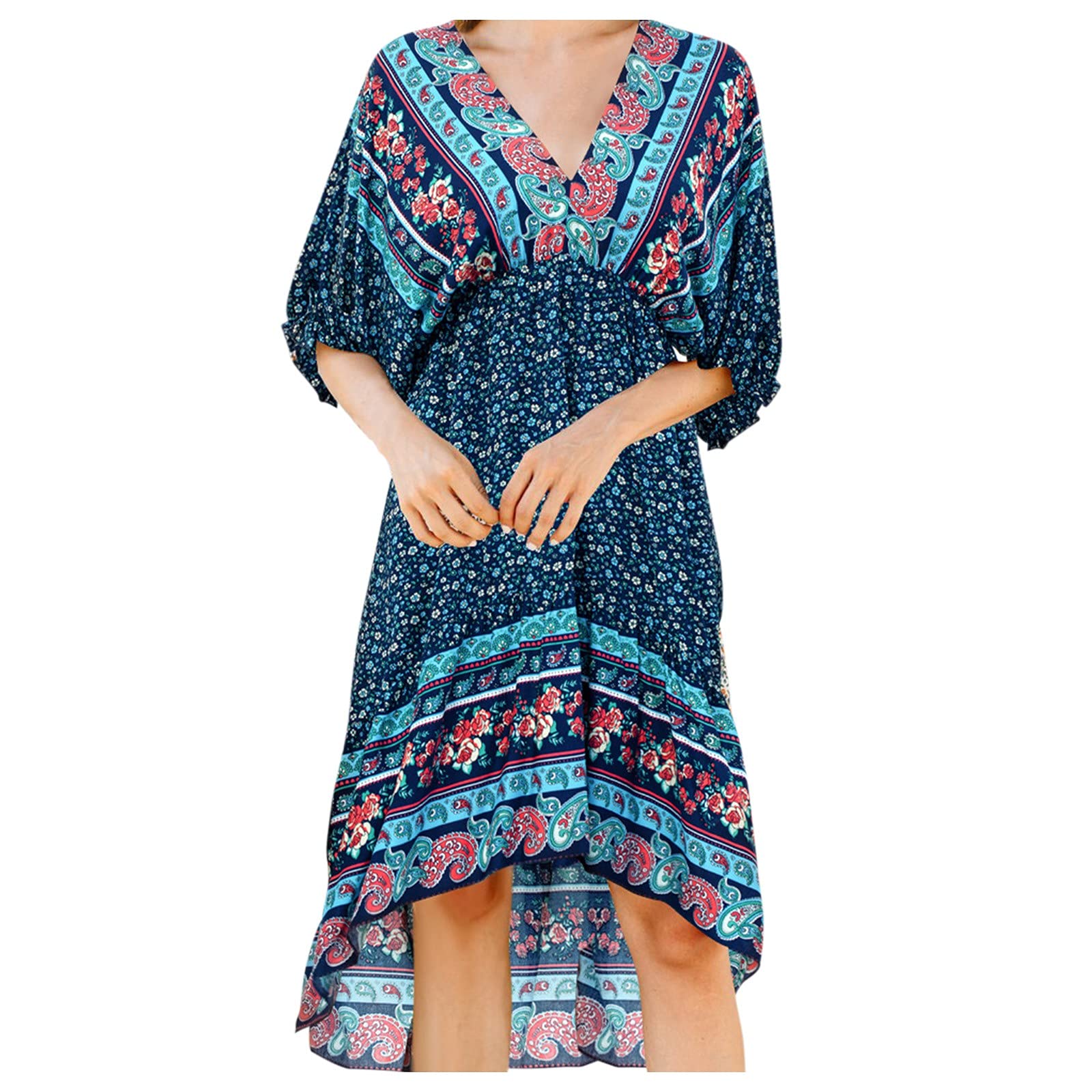 Women's Flowy V-Neck Maxi Dress - Elegant Long Summer Party Dress with Irregular Hem - Perfect for Beach Vacations, Cocktail Parties & Date Nights