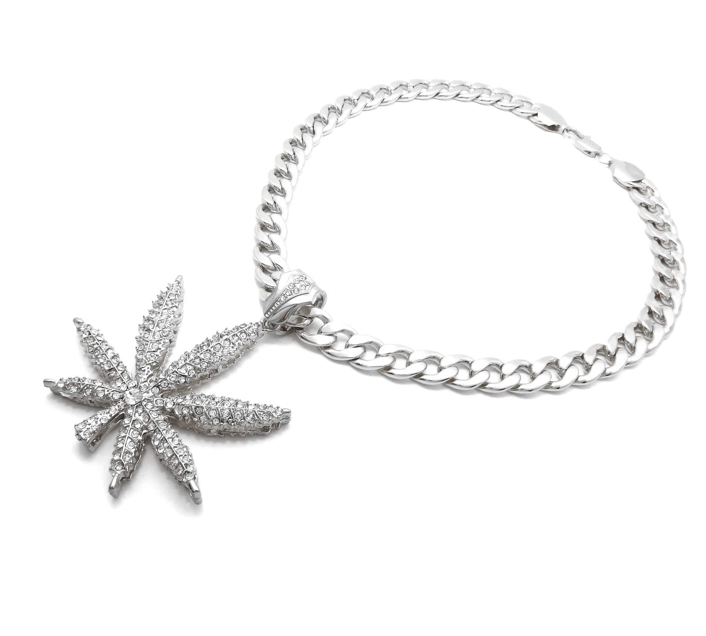 11mm Iced Out Marijuana Leaf Pendant with 20 Cuban Chain - Hip Hop Necklace RC3351R for Men & Women - Perfect for Rappers, Streetwear Fashion & Weed Enthusiasts