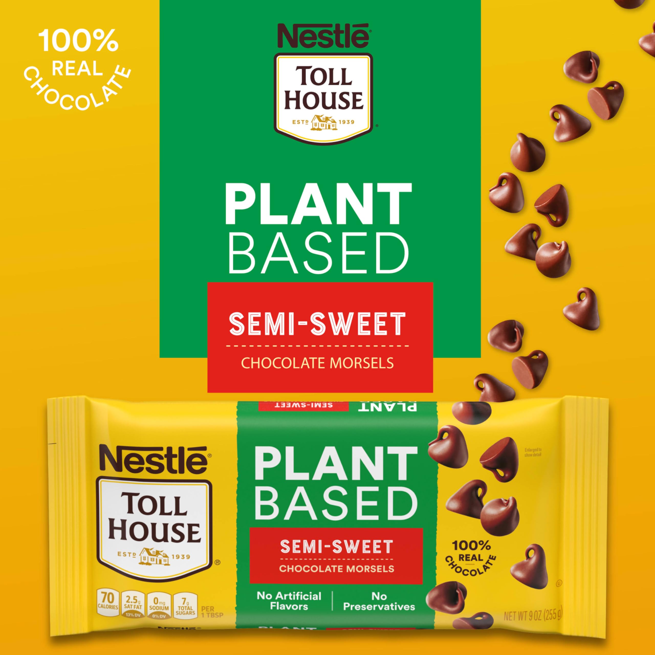 Nestle Toll House Plant Based Semi Sweet Chocolate Chips for Baking & Snacking - 100% Real Vegan Chocolate Morsels - 9 Oz Resealable Bag - Perfect for Cookies, Cakes & Healthy Desserts