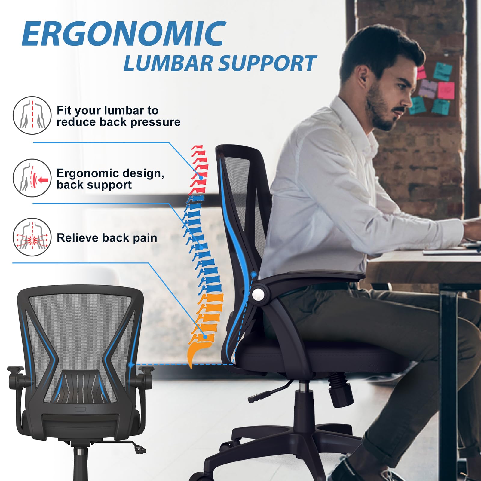 KOLLIEE Ergonomic Mid Back Mesh Office Chair with Lumbar Support - Adjustable Height Swivel Computer Chair with Flip-Up Arms for Home & Office Workspace