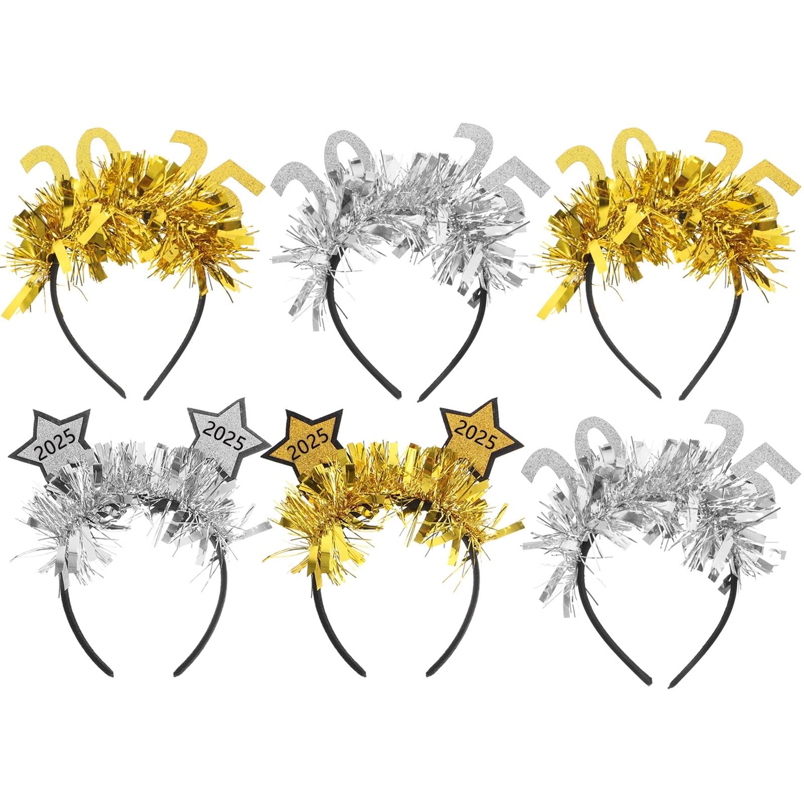 LUOZZY 6Pcs 2025 New Year Headbands - Glitter Star Sequin Hair Hoops Tiara for NYE Party (Gold & Silver) | Perfect for New Year's Eve Celebrations, Countdown Parties & Festive Gatherings