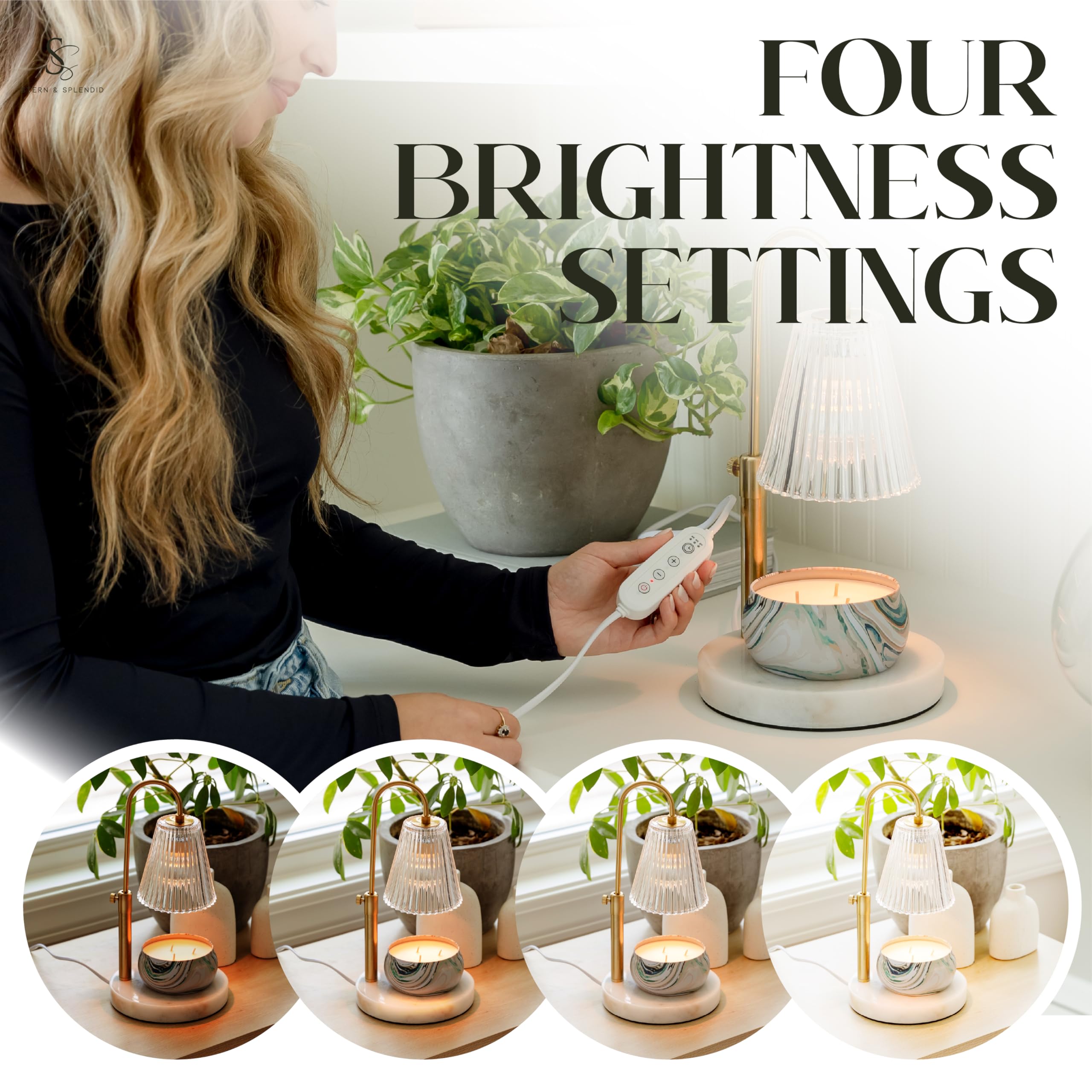Premium Flameless Candle Warmer Lamp for Large & Small Jar Candles - Dimmable Electric Candle Warmer with Adjustable Height & Marble Base - Candle Melter with Timer & 4 Halogen Bulbs - Perfect for Home Decor, Romantic Ambiance, and Aromatherapy