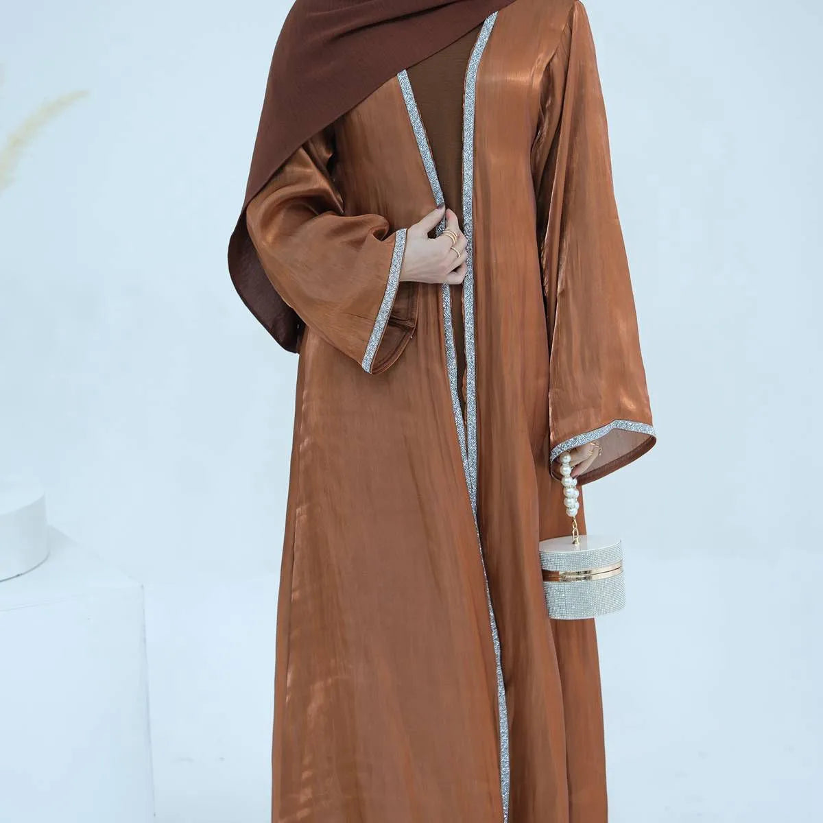 2-Piece Hotfix Rhinestone Sparkling Open Abaya Dress Set with Inner Dress - Perfect for Weddings, Parties & Special Occasions