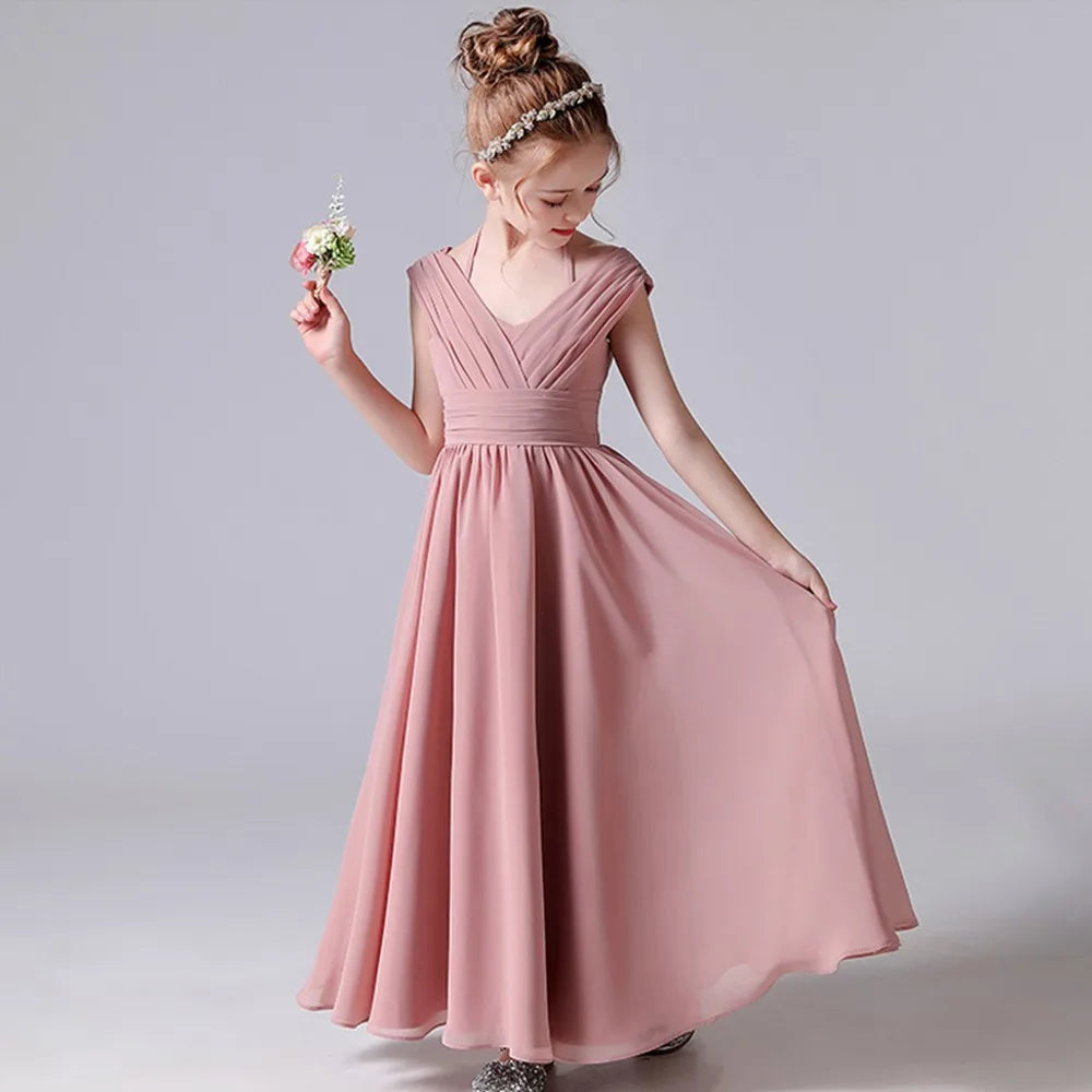 Elegant Dusty Pink Chiffon Junior Bridesmaid Dress with Pleats for Girls - Perfect for Weddings, Formal Events & Special Occasions
