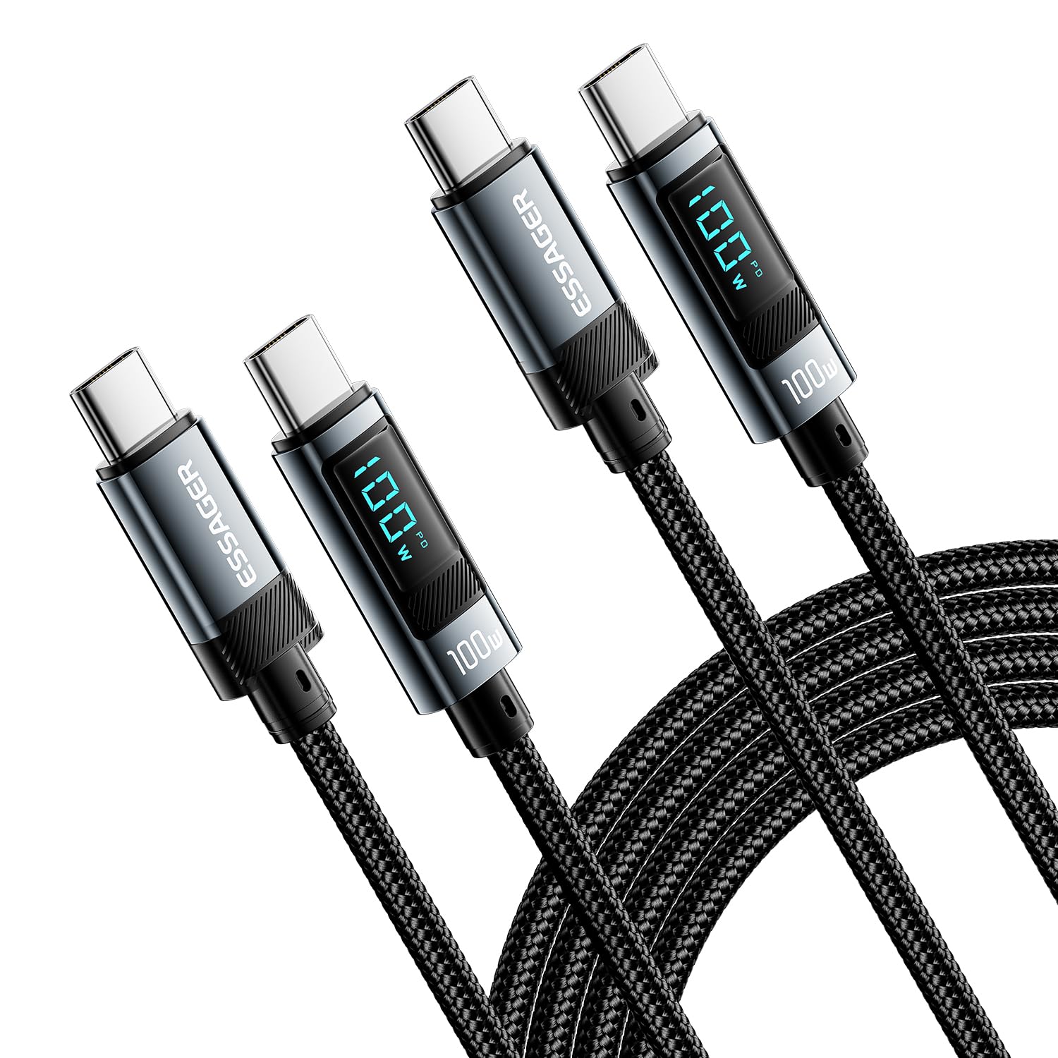 ESSAGER 6ft 100W USB C Fast Charger Cable (2-Pack) - Durable Braided Type C Charging Cord for iPhone 15/Pro/Plus/Pro Max, MacBook Pro 2020, iPad Pro/Air 4, Samsung Galaxy S23+/Ultra - Perfect for Home, Office & Travel Charging