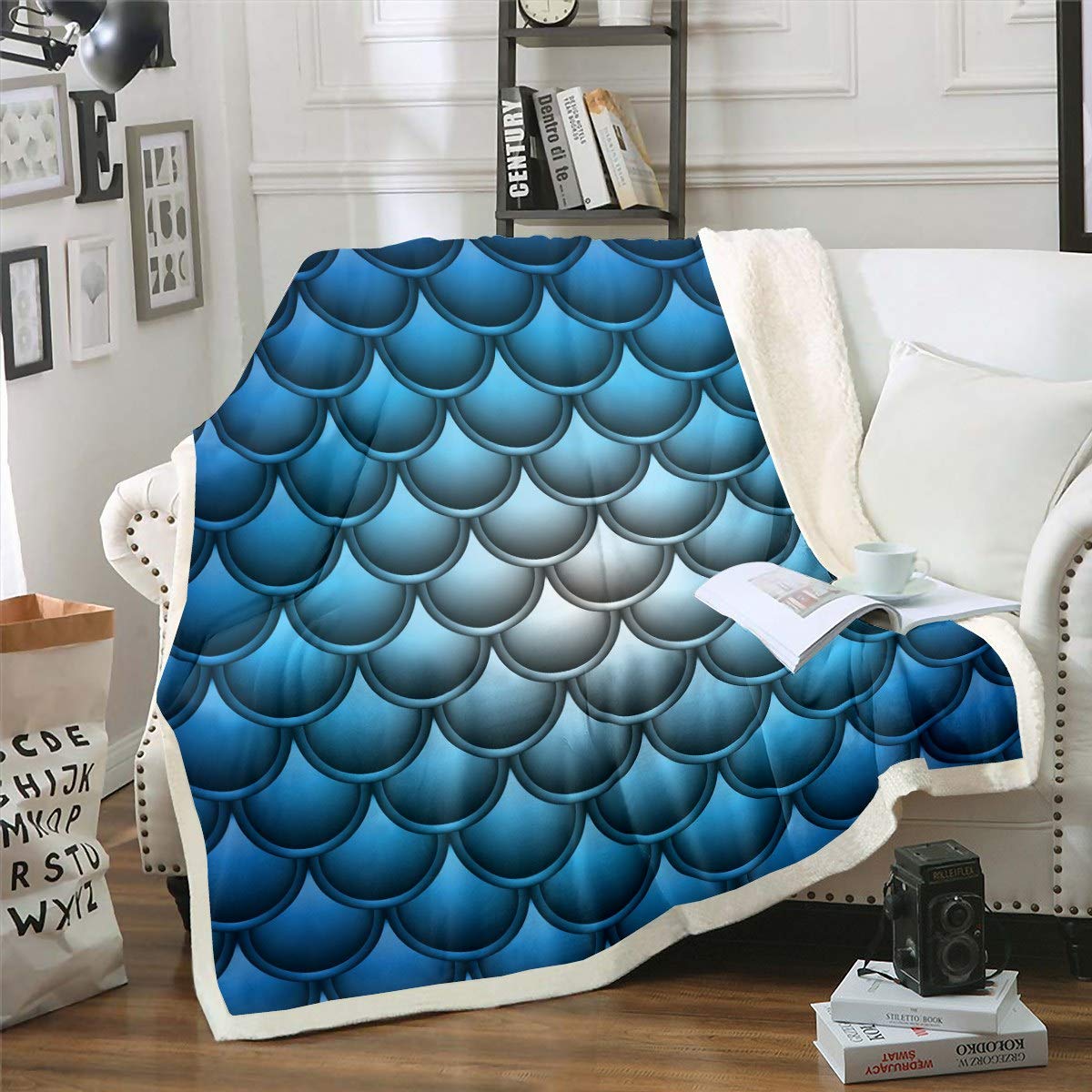 Mermaid Scales Sherpa Blanket - Blue Fish Pattern Fleece Throw for Kids & Adults - Soft Plush Ocean Animal Blanket for Sofa, Bed, Couch - Twin Size 60x80 Inch - Perfect for Cozy Nights, Movie Time & Nursery Decor
