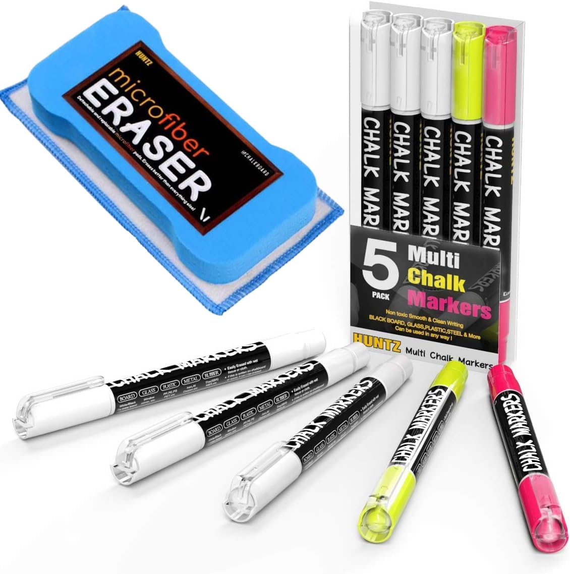 Dustless Chalk with Microfiber Eraser - Washable & Reusable Non-Toxic Chalk for Kids, Teachers & Artists - Perfect for Classroom, Home & Outdoor Use
