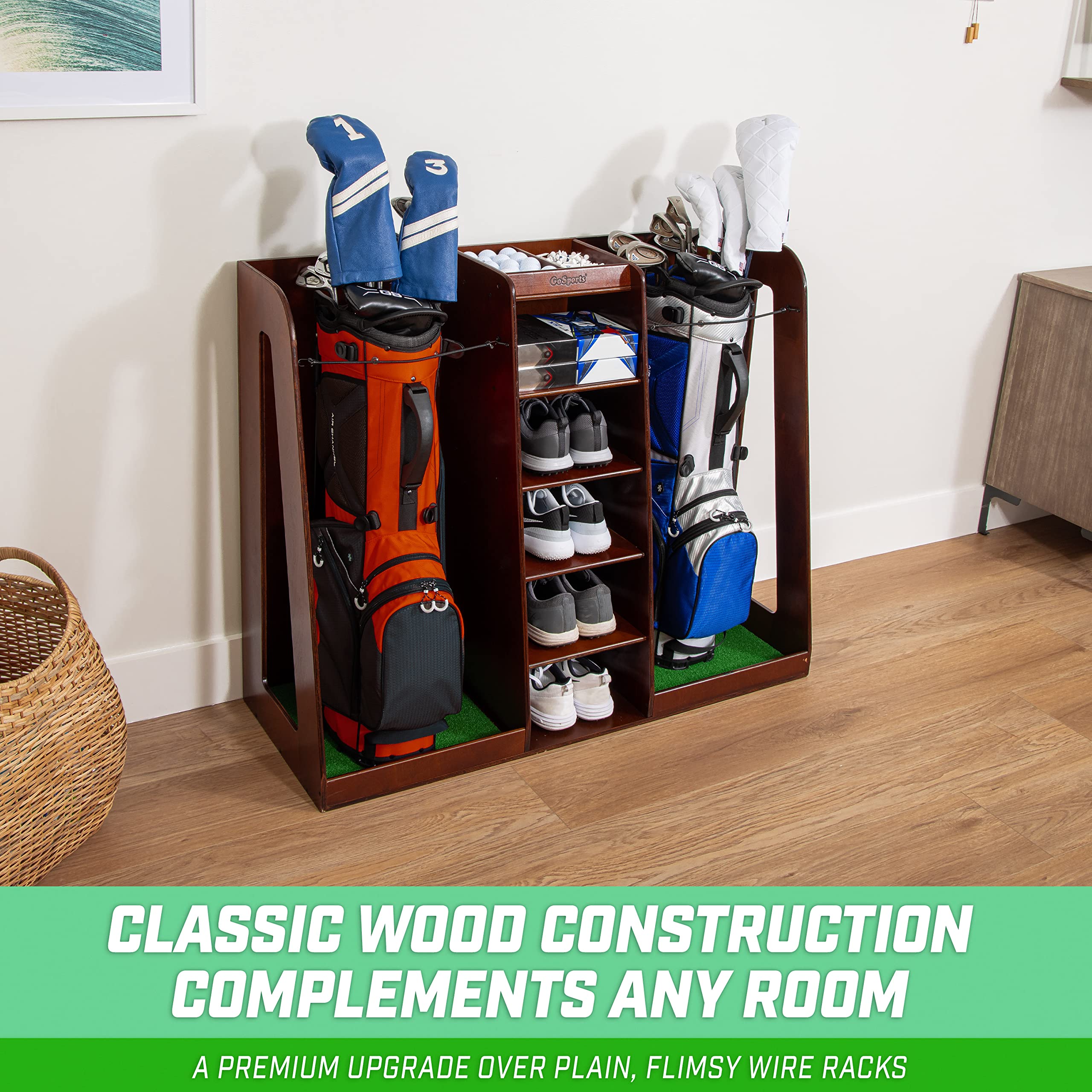 GoSports Premium Wooden Golf Bag Organizer & Storage Rack - Holds 2 Golf Bags - Black/White/Brown Finish - Perfect for Garage, Basement & Clubhouse Organization