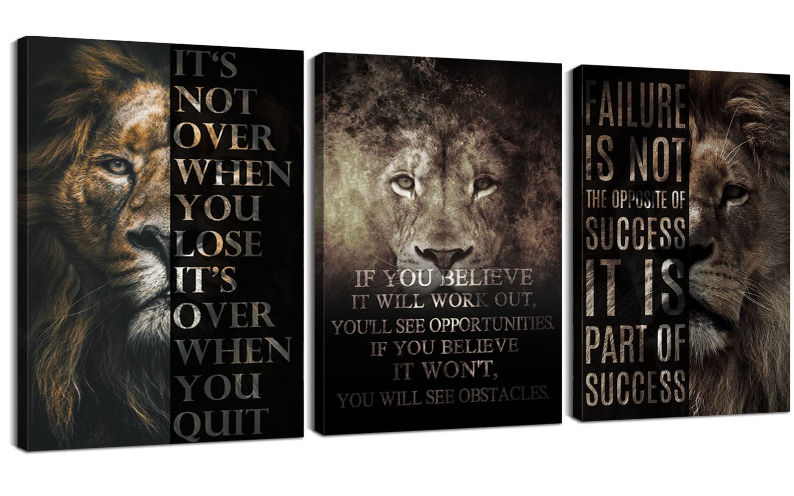 3 Piece Motivational Wall Art Set - Inspirational Lion Quote Canvas Prints for Home & Office Decor (20''Wx28''H) | Uplifting Wall Decor for Living Room, Bedroom & Workspace