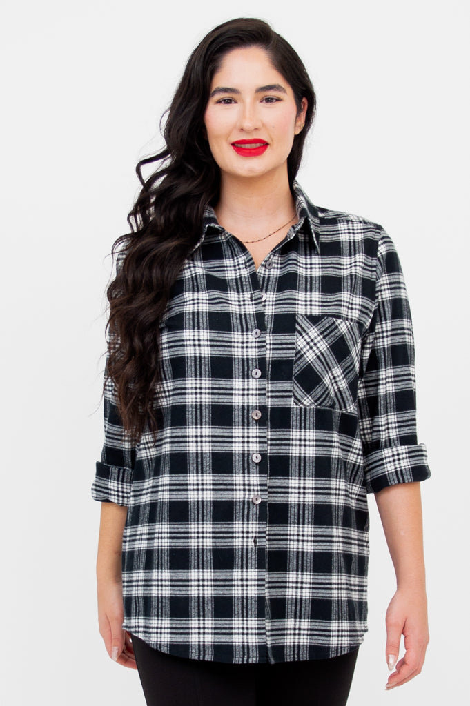Georgia Top Women's Fashion - Soft Cotton Basalt Plaid Blouse for Casual Wear & Office Outfits