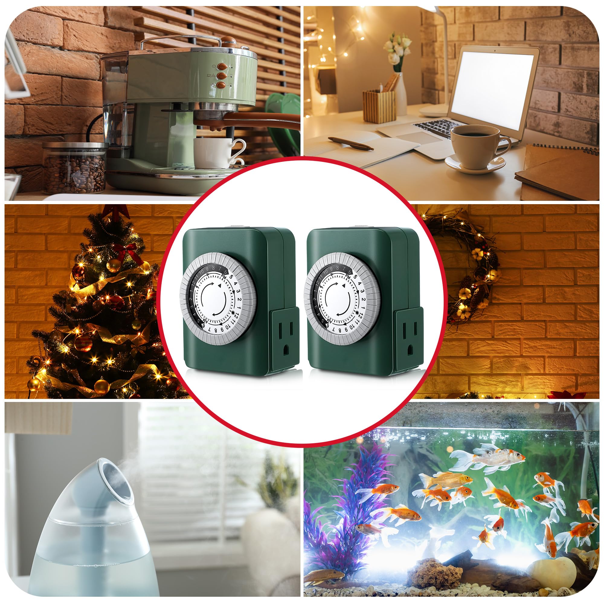 24 Hour 2 Grounded Outlets Mechanical Outlet Timer - Plug in Light Timer for Christmas Tree & Indoor Electrical Outlets - Daily On/Off Cycle - Perfect for Xmas Lights, Holiday Decorations & Home Appliances (2 Pack, Green)