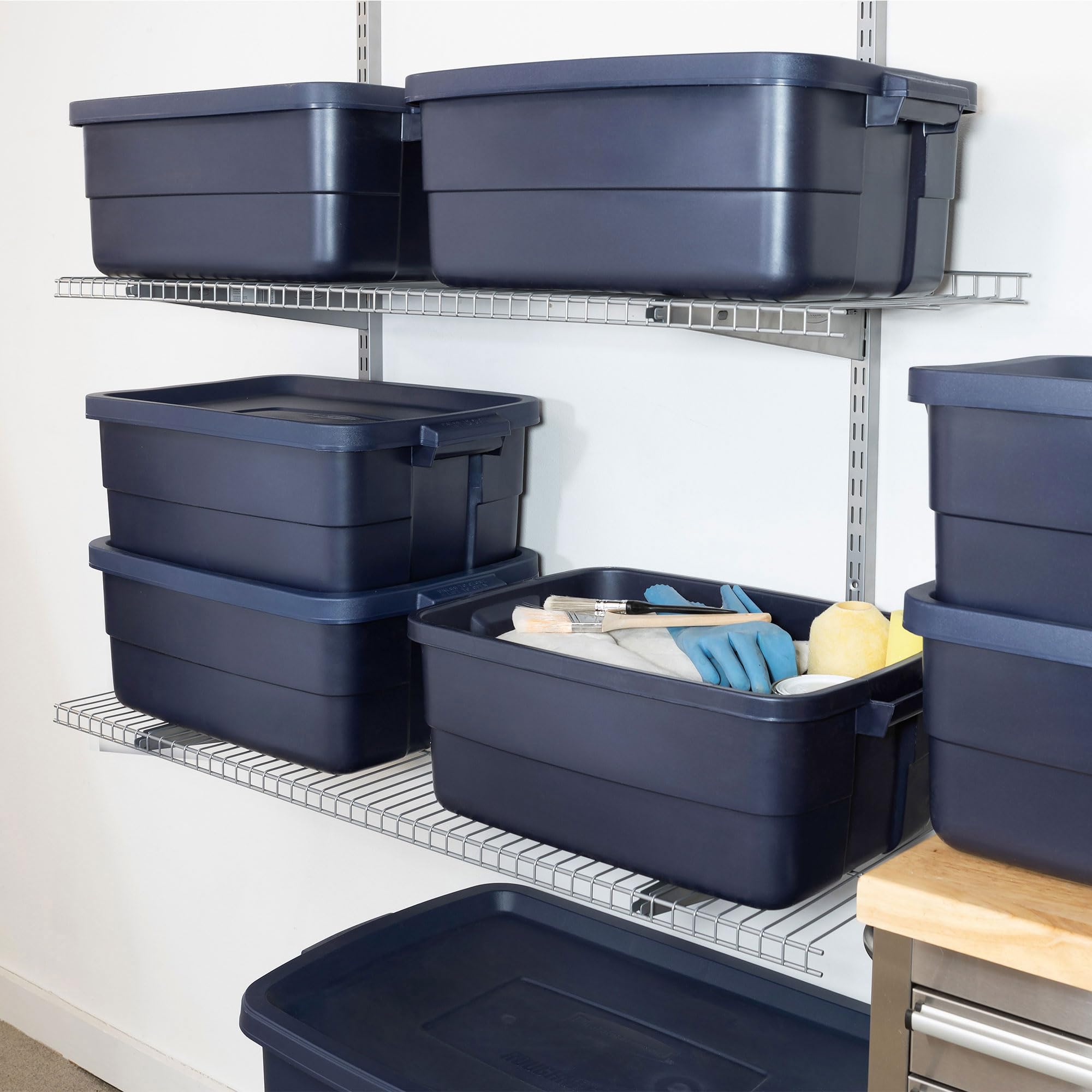 Rubbermaid Roughneck 10 Gallon Storage Totes - Heavy Duty Stackable Plastic Bins with Secure Lids for Home, Garage & Office Organization - Dark Indigo Metallic - Perfect for Seasonal Decor, Toys & Household Storage
