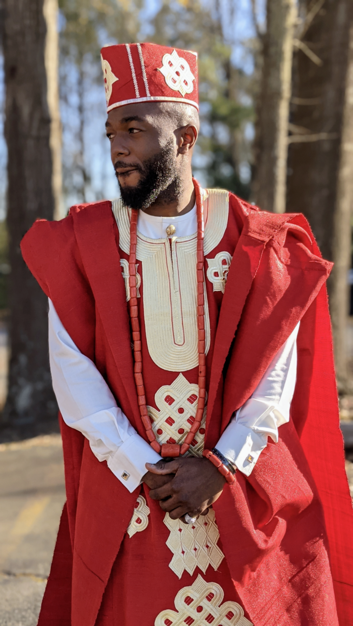 Awoniyi Red Beige Aso Oke Grandboubou Agbada Robe DPAW911 | African Traditional Attire for Men | Perfect for Weddings, Parties & Cultural Events