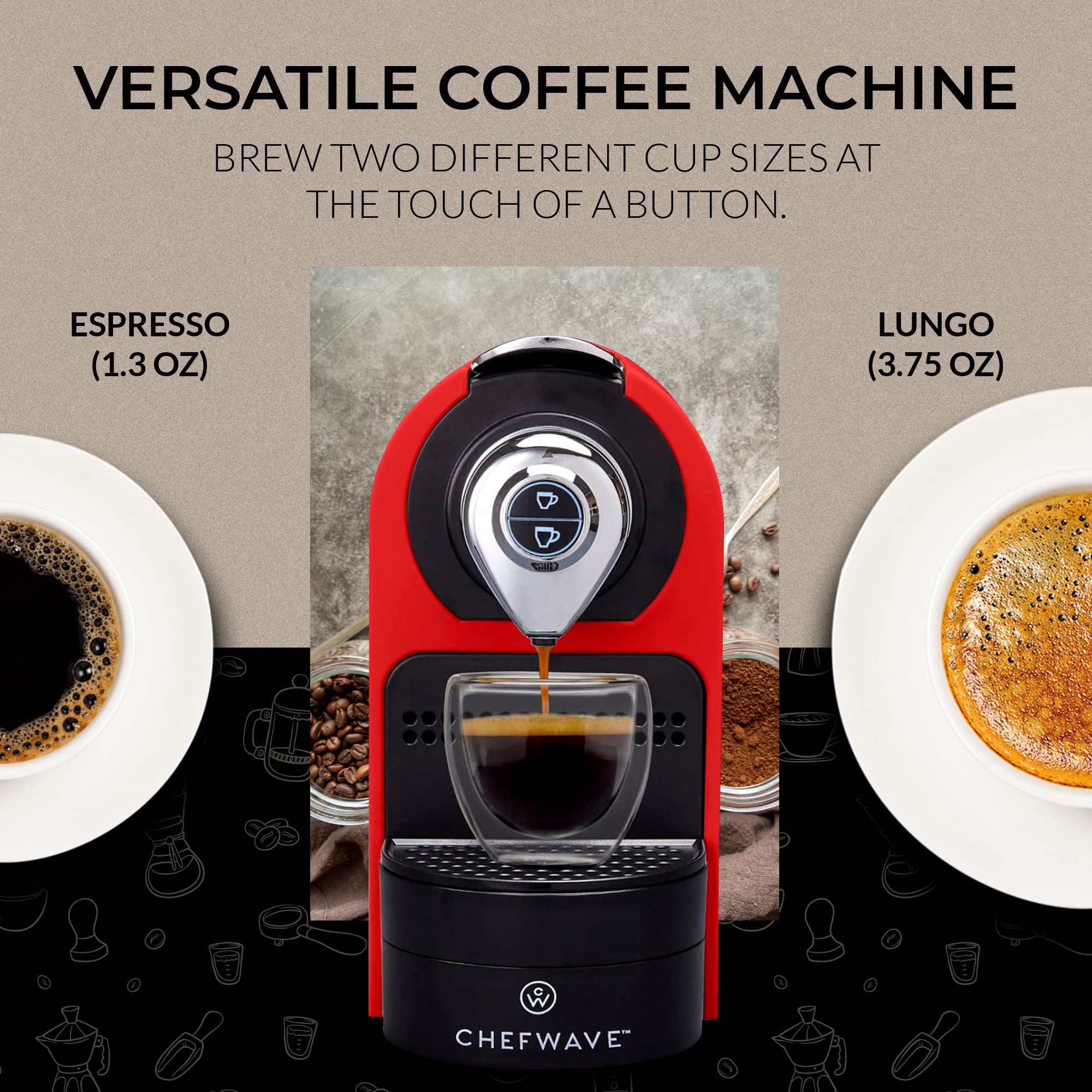 ChefWave Espresso Machine for Nespresso Compatible Capsules - 19 Bar Pressure, Fast Heat-Up, Red Coffee Maker with Capsule Holder, 2 Glass Cups & Descaling Powder - Perfect for Home, Office & Small Coffee Shops