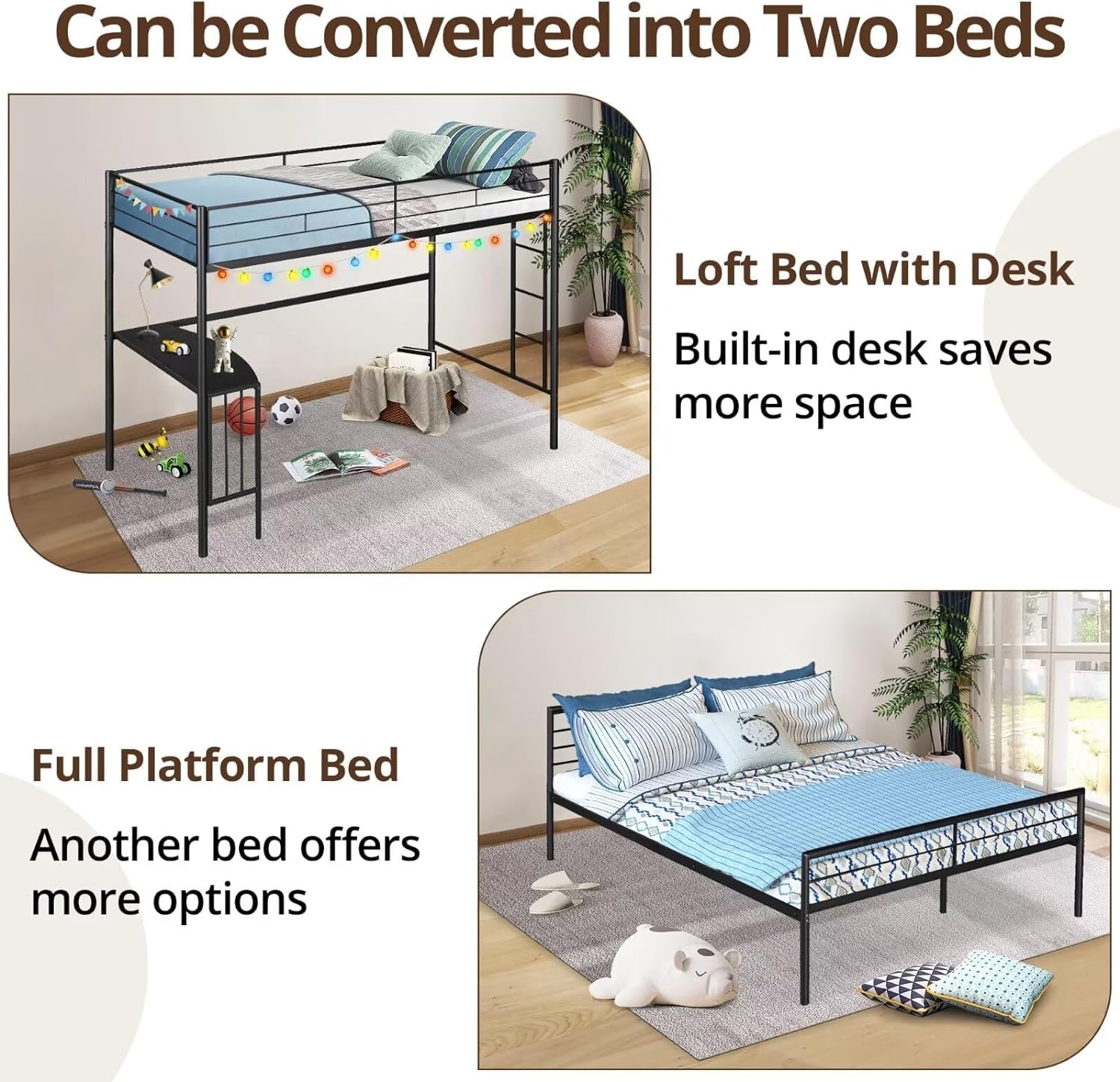 Twin Over Full Metal L-Shaped Bunk Bed with Desk - Space Saving Convertible Bunk Bed Frame for Kids & Teens | Guardrail & Ladder Included | Noise-Free Black Finish | Converts to Twin Loft Bed or Full Platform Bed | Perfect for Small Bedrooms, Dorm Rooms & Shared Kids' Spaces