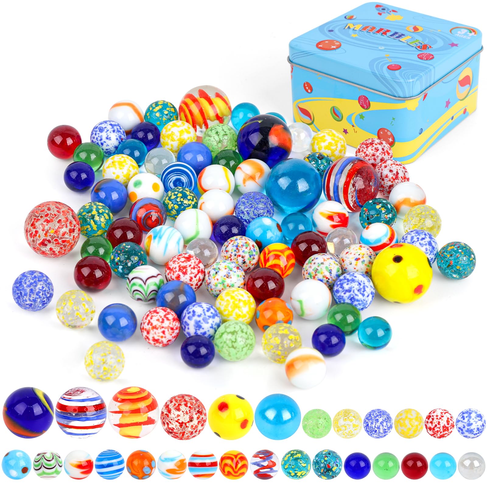 85PCS Colorful Glass Marbles Bulk Set for Kids - Marble Run Game, STEM Toys, DIY Crafts with Durable Tin Storage Box - Perfect for Birthday Gifts, Classroom Activities & Sensory Play
