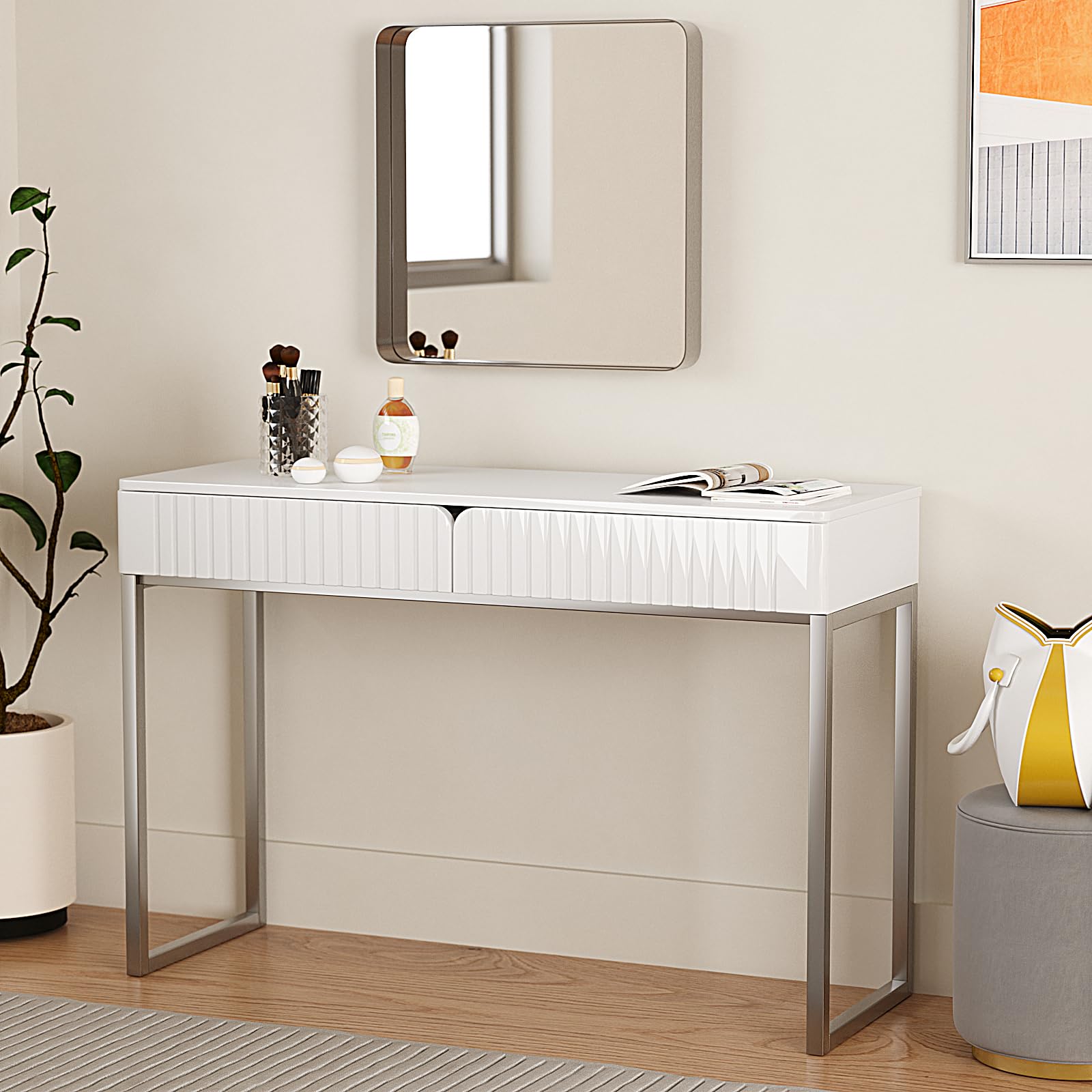 White Vanity Desk with 2 Drawers - Modern Silver & White Home Office Desk, Glossy Makeup Table with Wood Top & Metal Legs - Perfect for Writing, Computer Work & Standing Desk Setup in Bedroom or Office