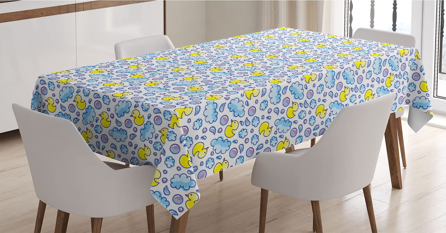 Ambesonne Cartoon Tablecloth - Washing Time Themed with Soap Bubbles, Water Droplets & Duck Pattern - 52x70 Inch Rectangle Satin Table Cover for Dining Room, Kitchen, Party Decor - Yellow, Lilac & Blue - Waterproof & Wrinkle Resistant