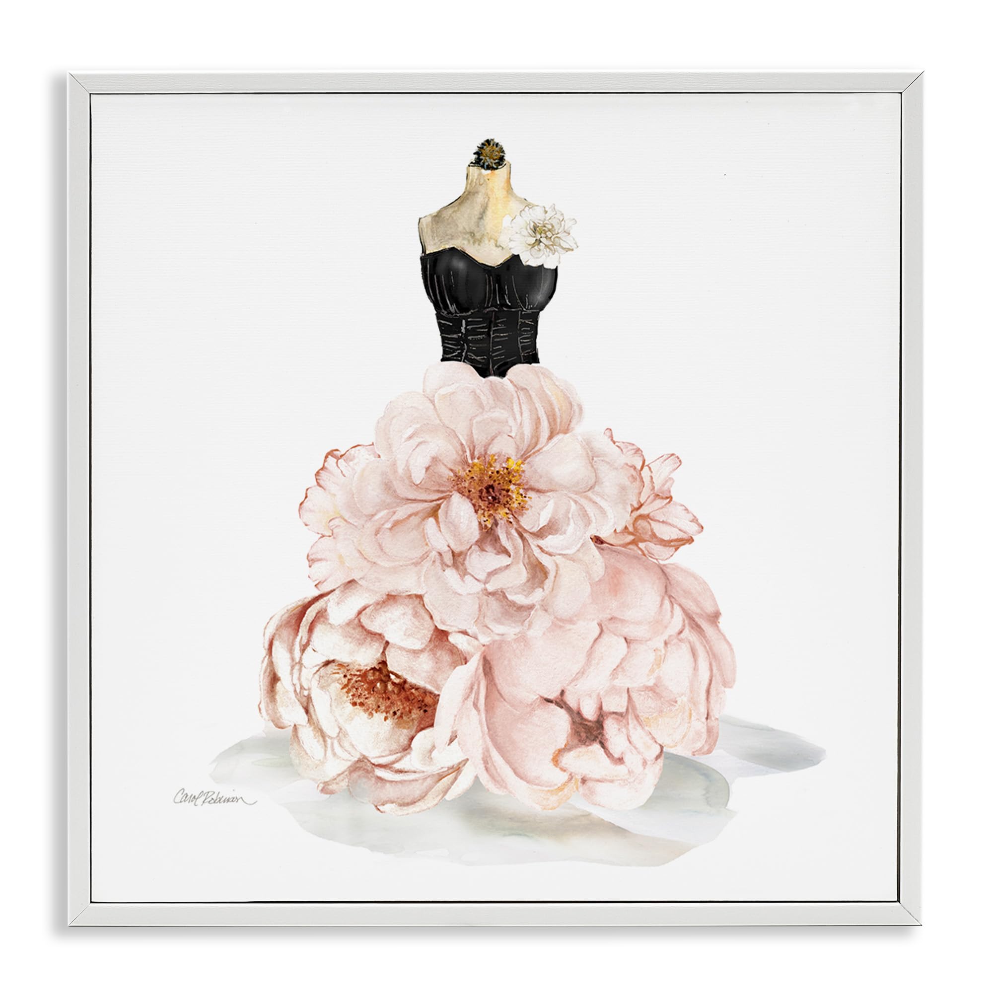 Stupell Industries Pink Peonies Floral Dress Black Corset Fashion Mannequin Wall Art - 17x17 White Framed Canvas Print for Home Decor, Bedroom, Living Room & Office