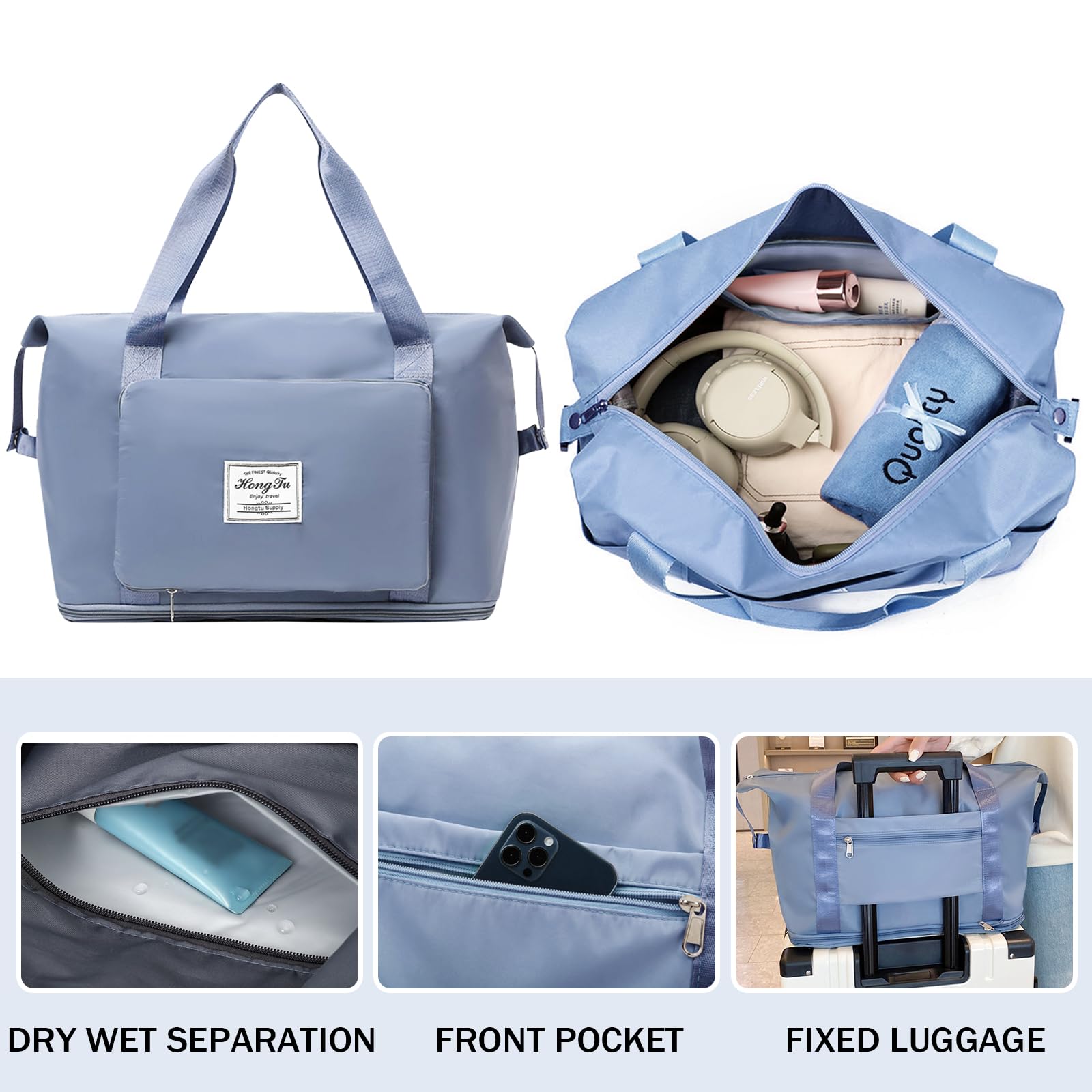 INVODA Expandable Travel Duffel Bag for Women - Waterproof Foldable Carry On Weekender Overnight Bag, Gym & Sports Tote - Perfect for Weekend Getaways, Business Trips & Gym Workouts (Blue)